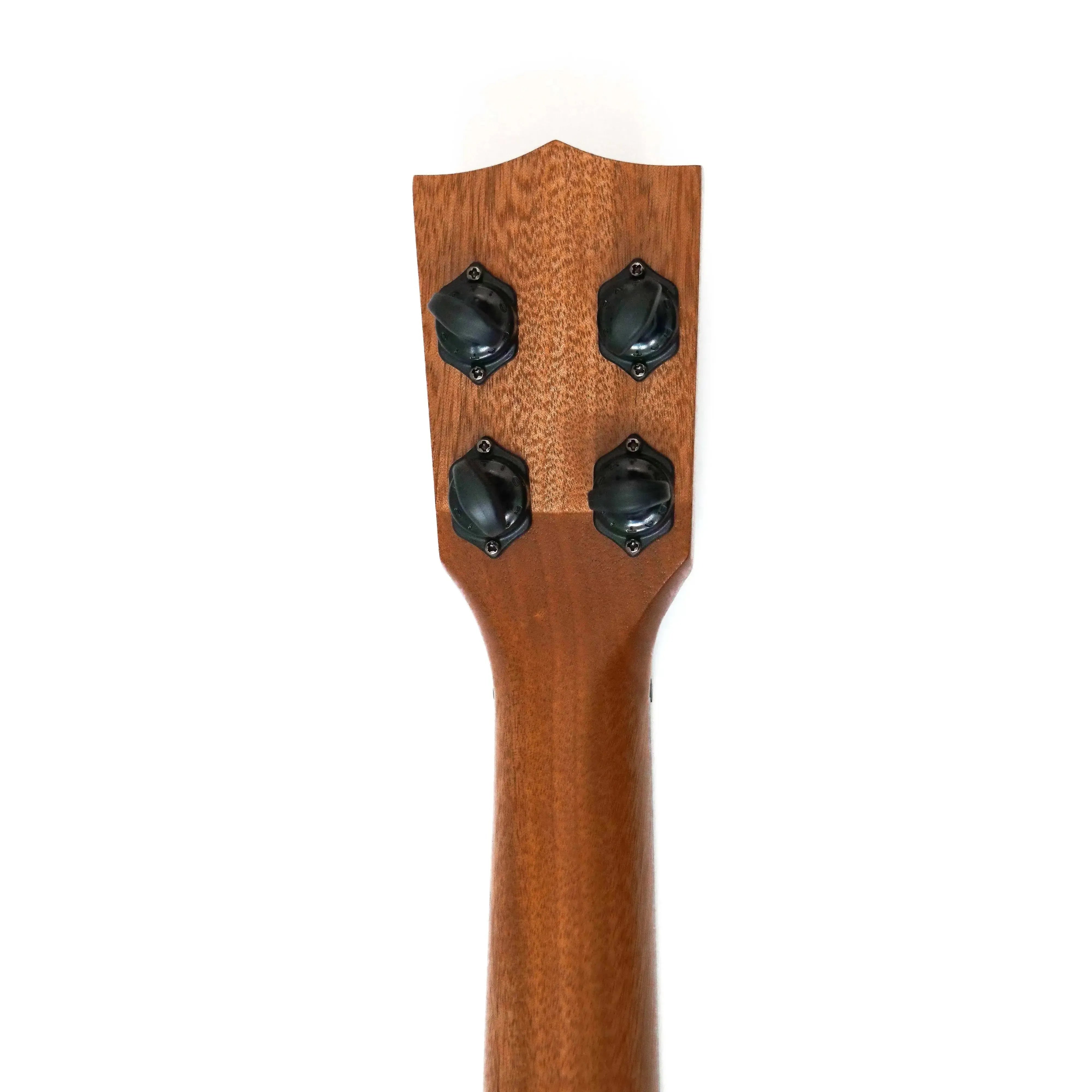 Back of Kala MG-C Concert Ukulele headstock and mahogany neck with black Graph Tech Ratio tuners.