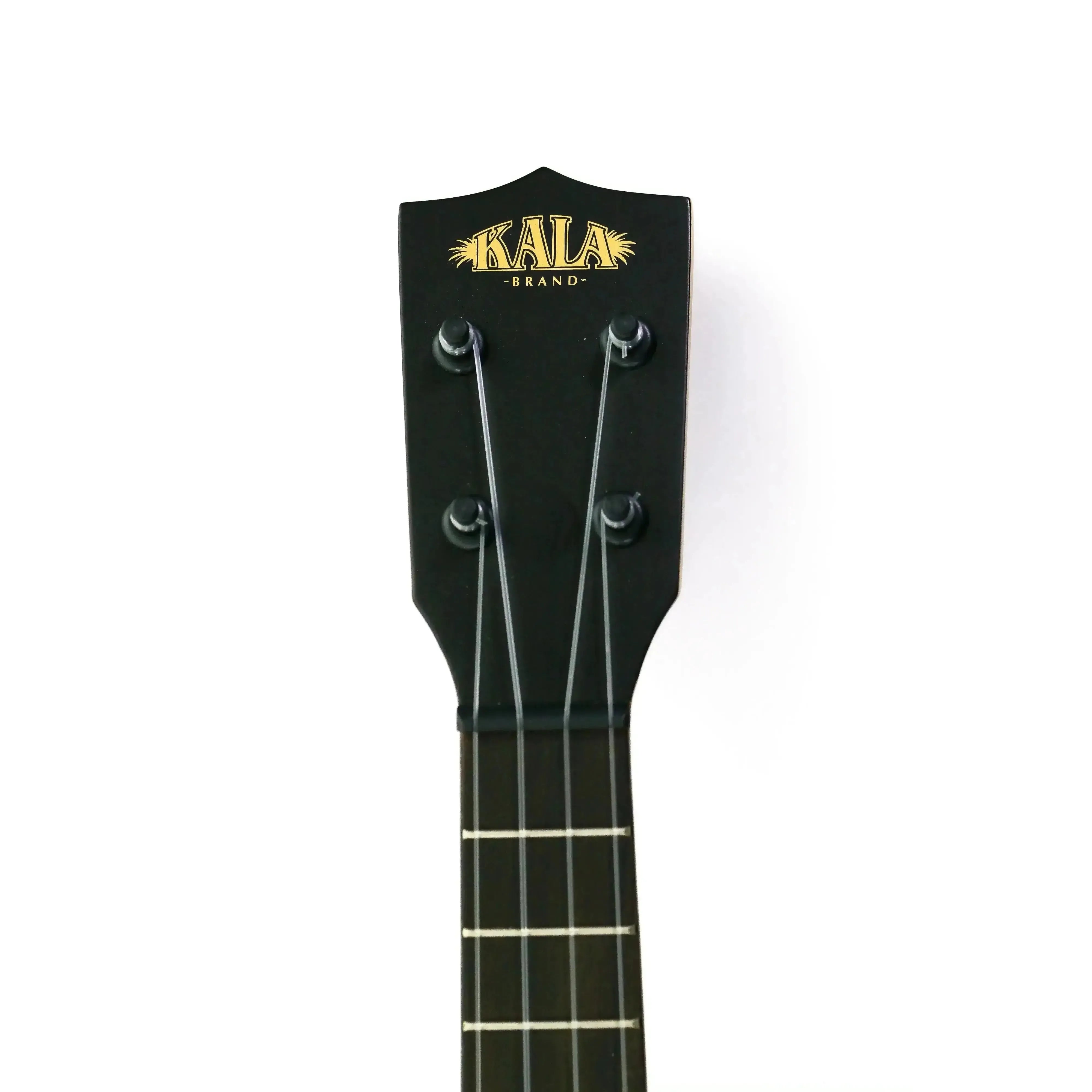 Kala MG-SLNG Spalted Mango Longneck Soprano Ukulele headstock with black finish and gold logo.