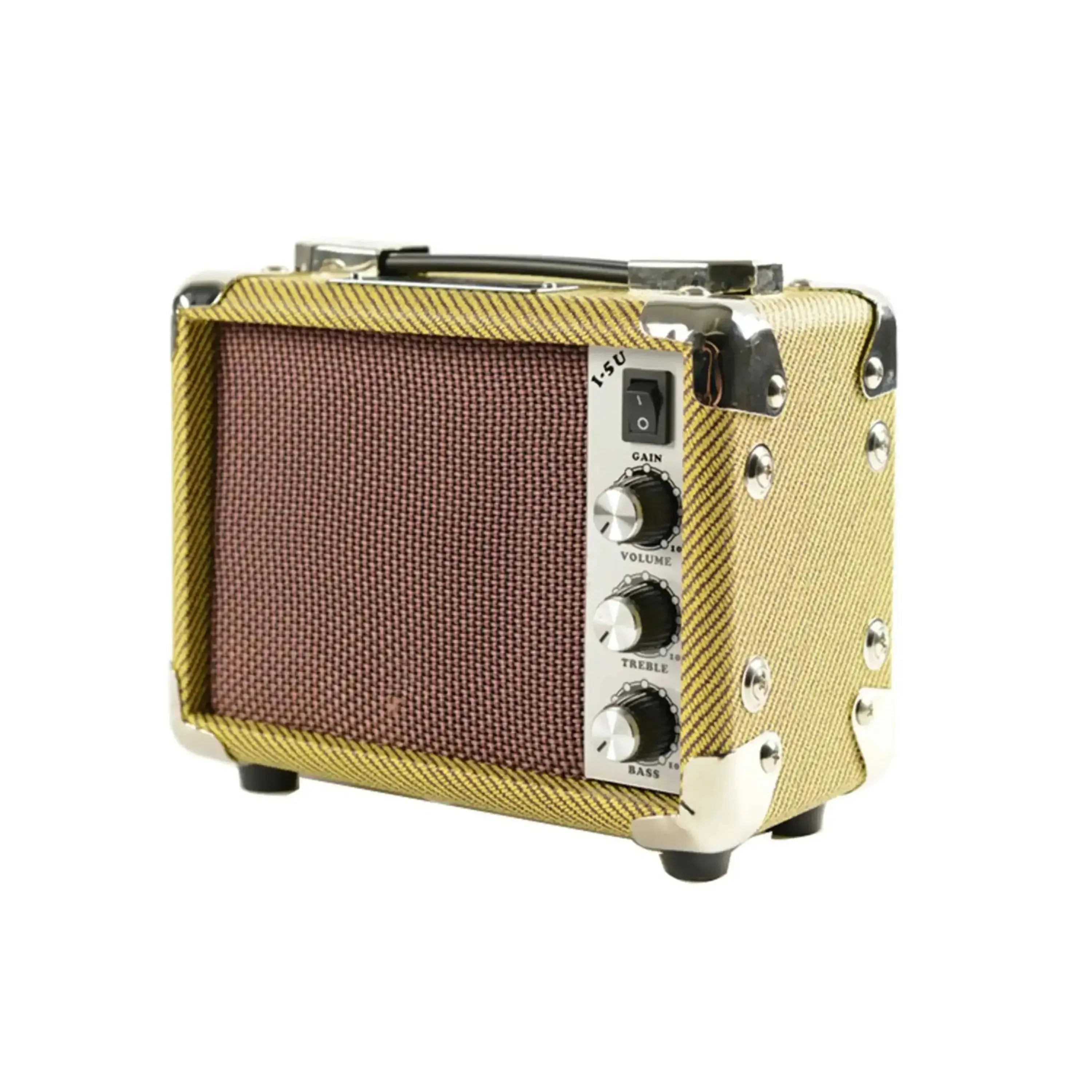 Kala Mini Tweed 5w acoustic amp with gold tweed covering, brown speaker grille, and chrome hardware.