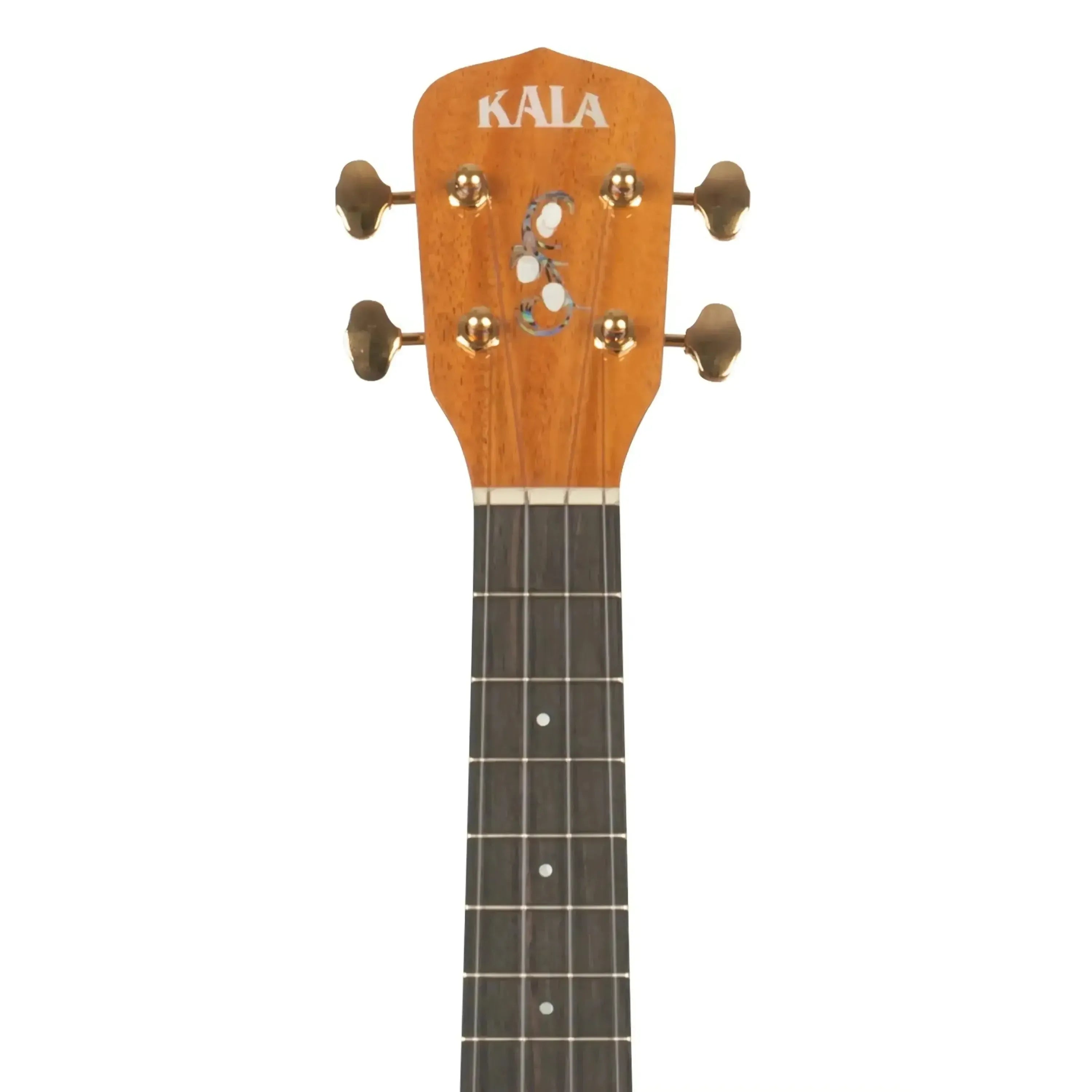 Kala MNGG-C Metropolitan Concert Ukulele headstock with curly mango wood, gold tuners, and scorpion inlay.