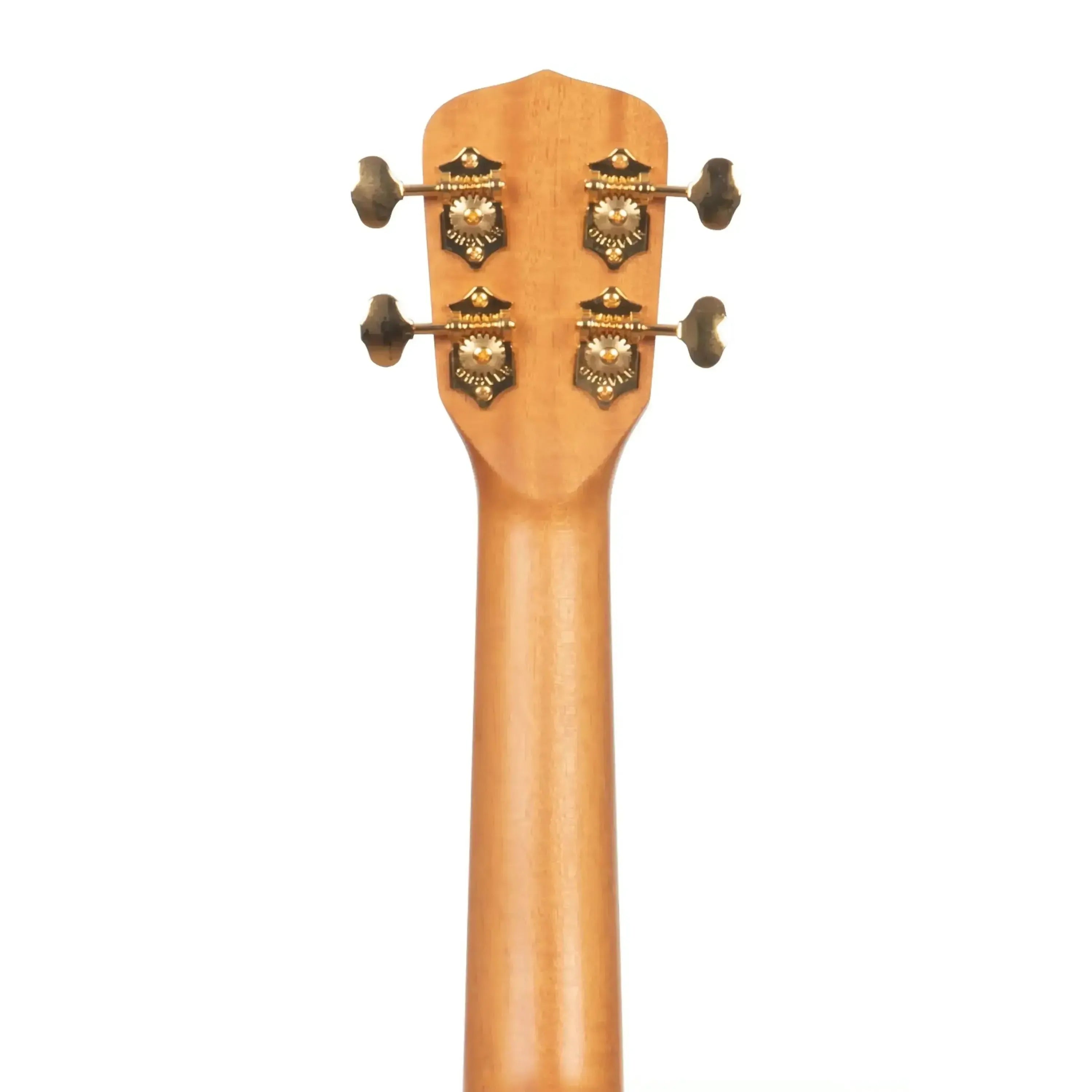Kala MNGG-C Metropolitan Concert Ukulele headstock and neck, light wood with gold tuners.