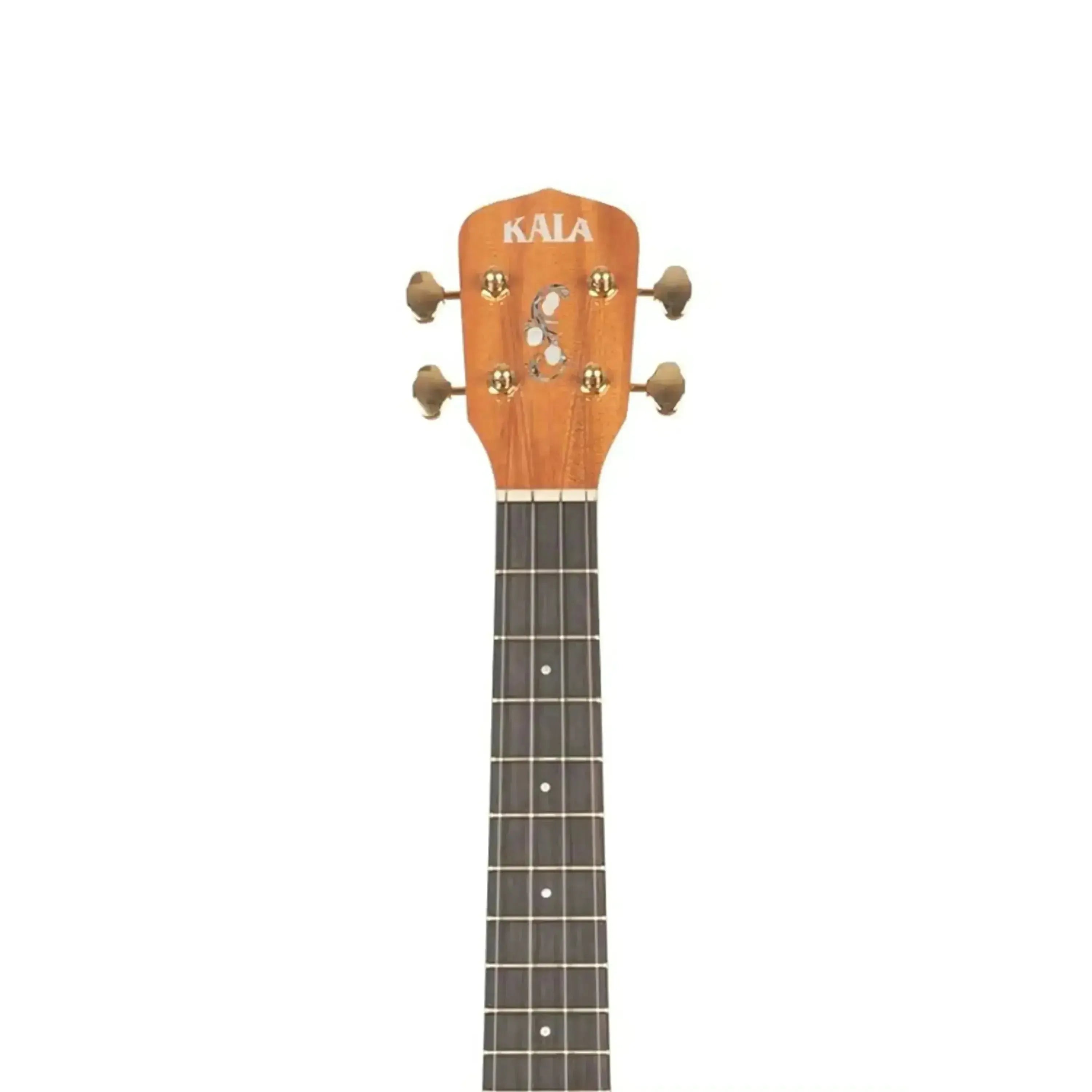 Kala MNGG-T tenor ukulele headstock with curly mango wood, gold tuners, and ebony fingerboard.