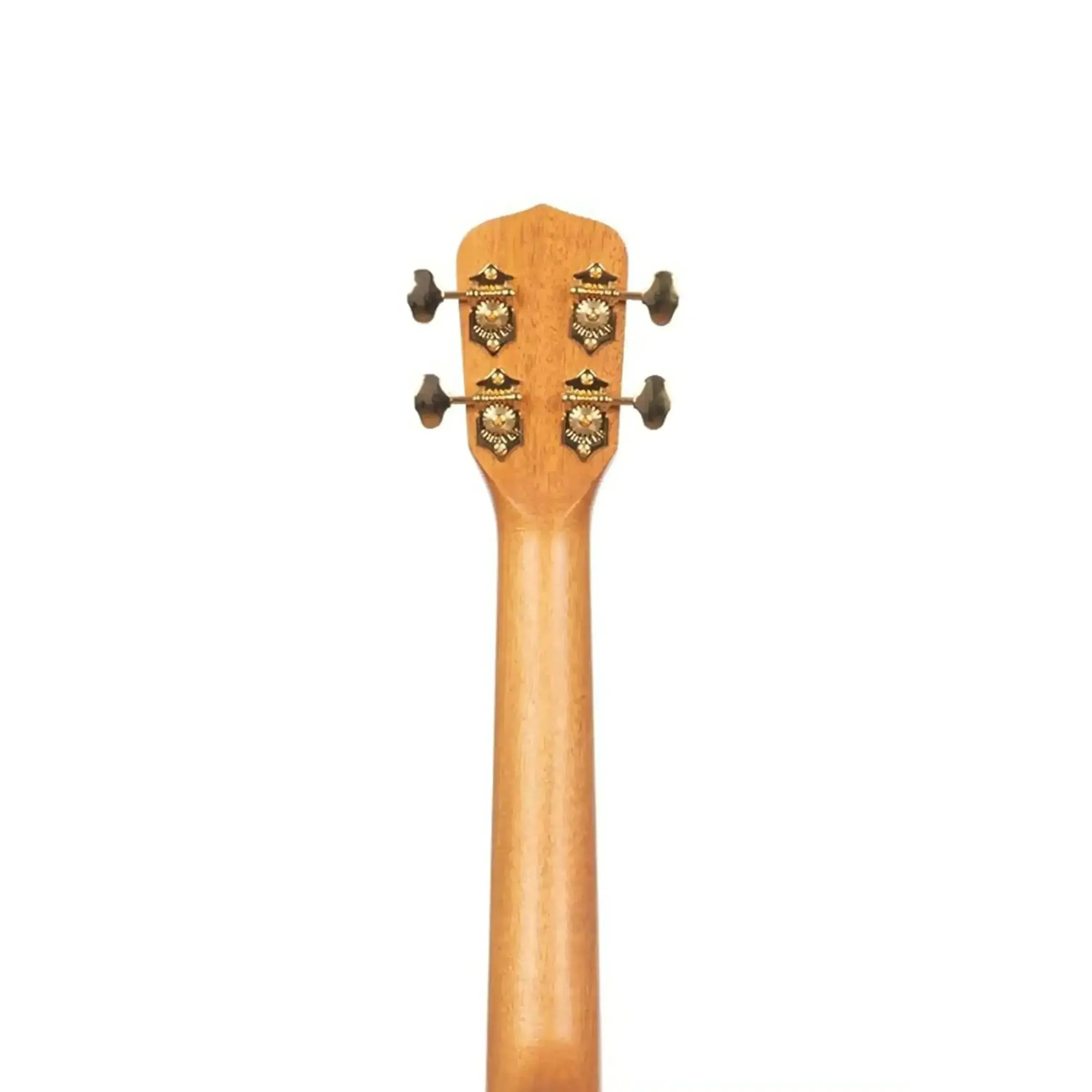 Kala MNGG-T tenor ukulele headstock and mahogany neck with gold tuners.