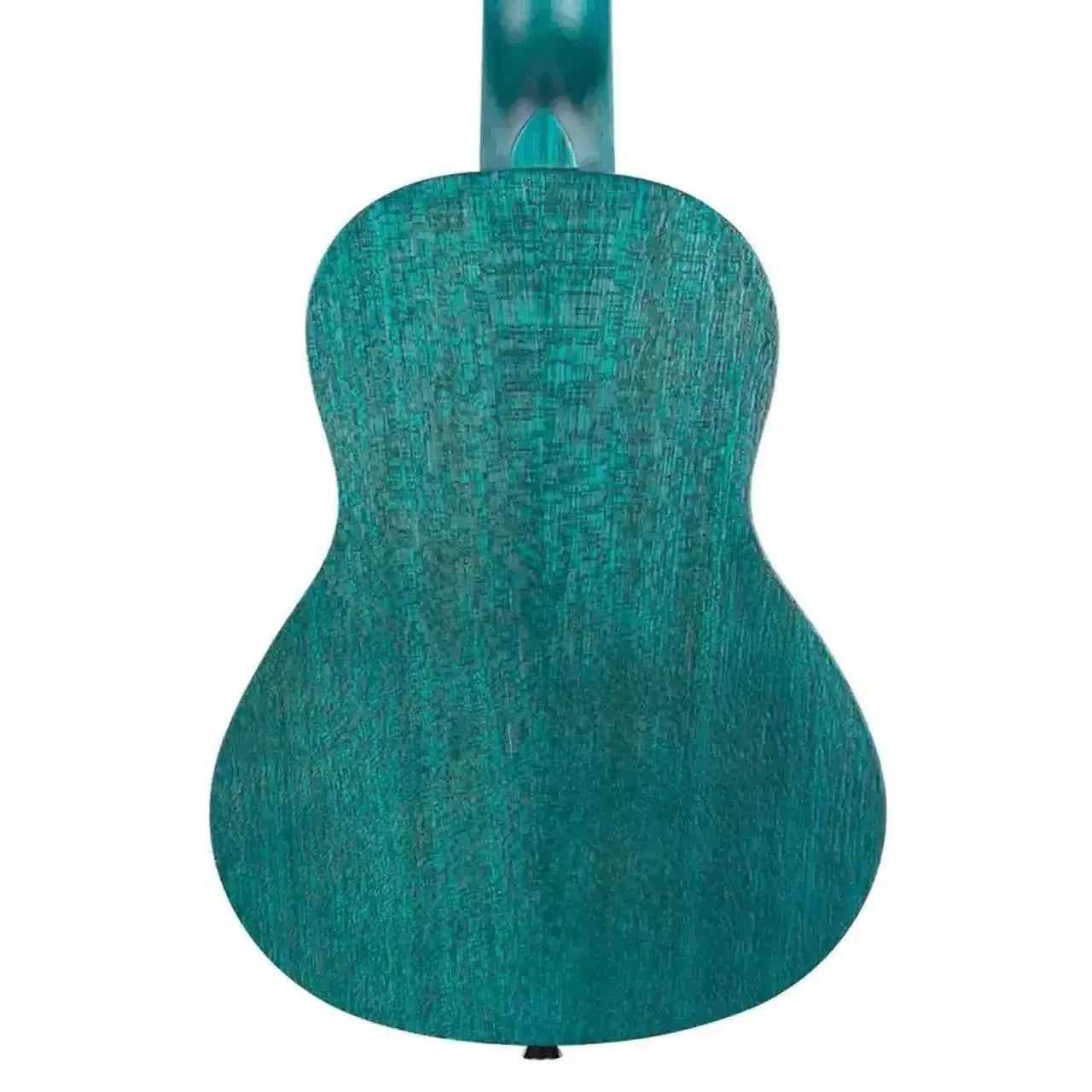 Back of a Kala MRT-BLU-C Ocean Blue Watercolor Meranti Concert Ukulele, showing its wood grain and satin finish.