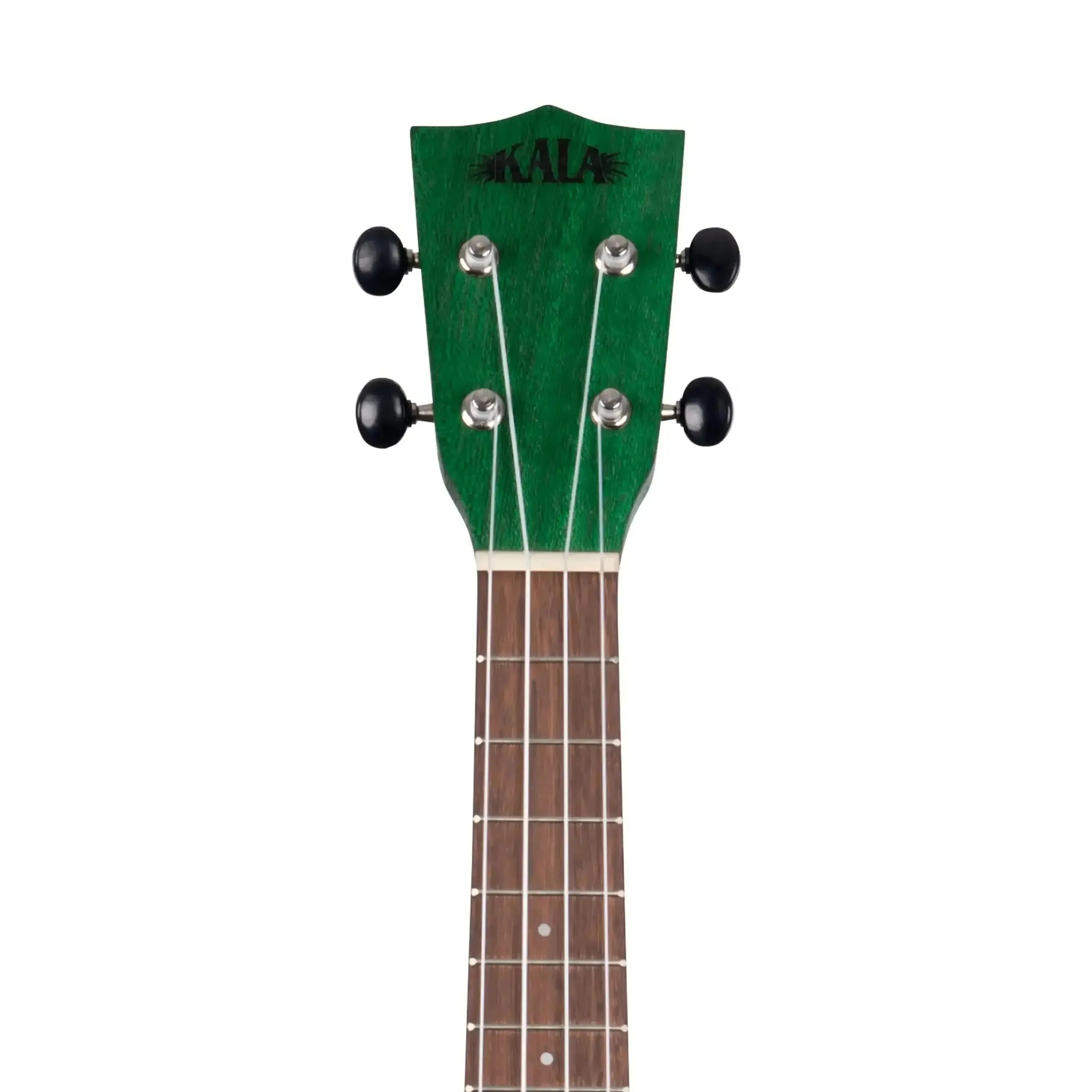Kala Fern Green Watercolor Meranti Concert Ukulele headstock with black tuning pegs.