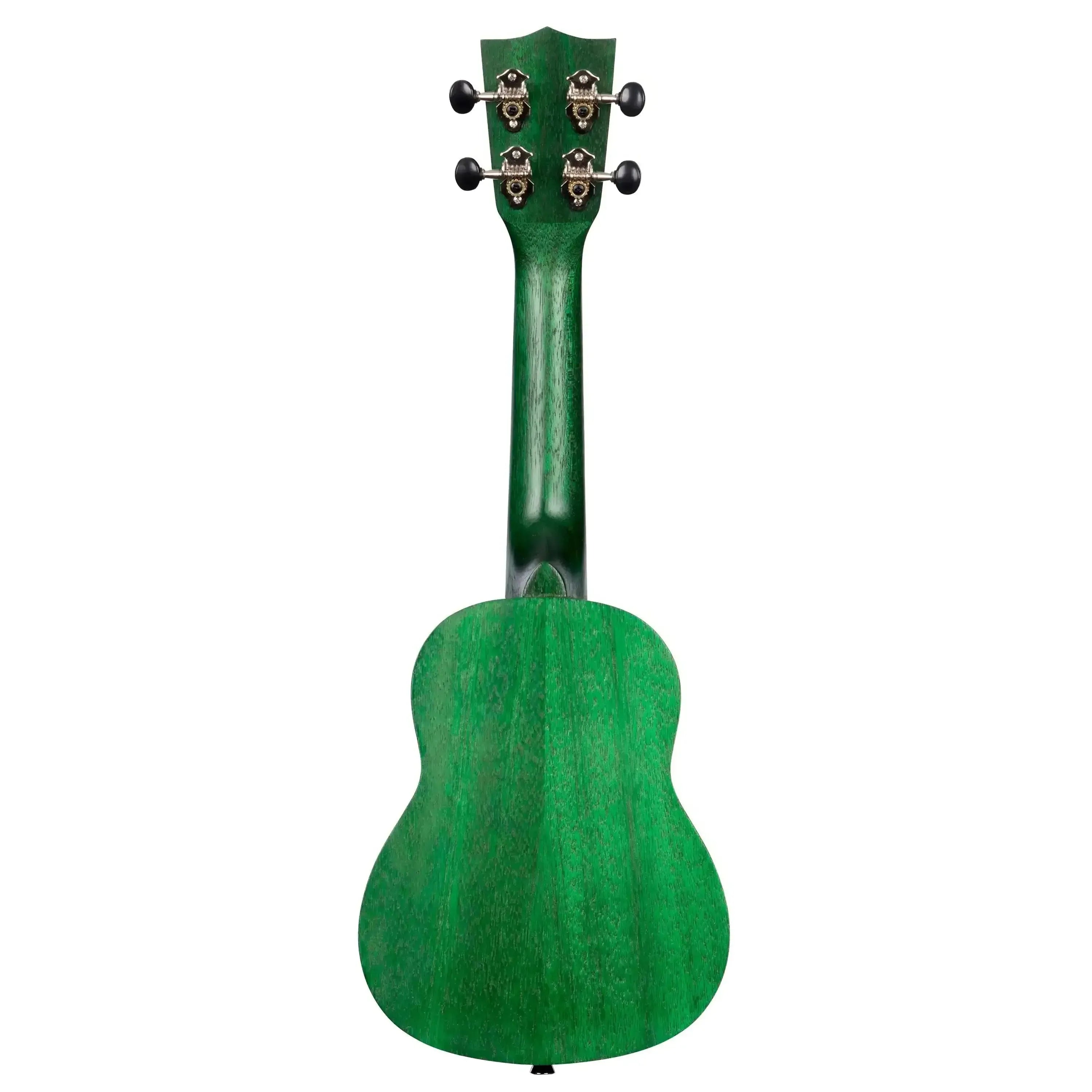 Kala MRT-GRN-S Fern Green Watercolor Meranti Soprano Ukulele, back view, with chrome tuners.