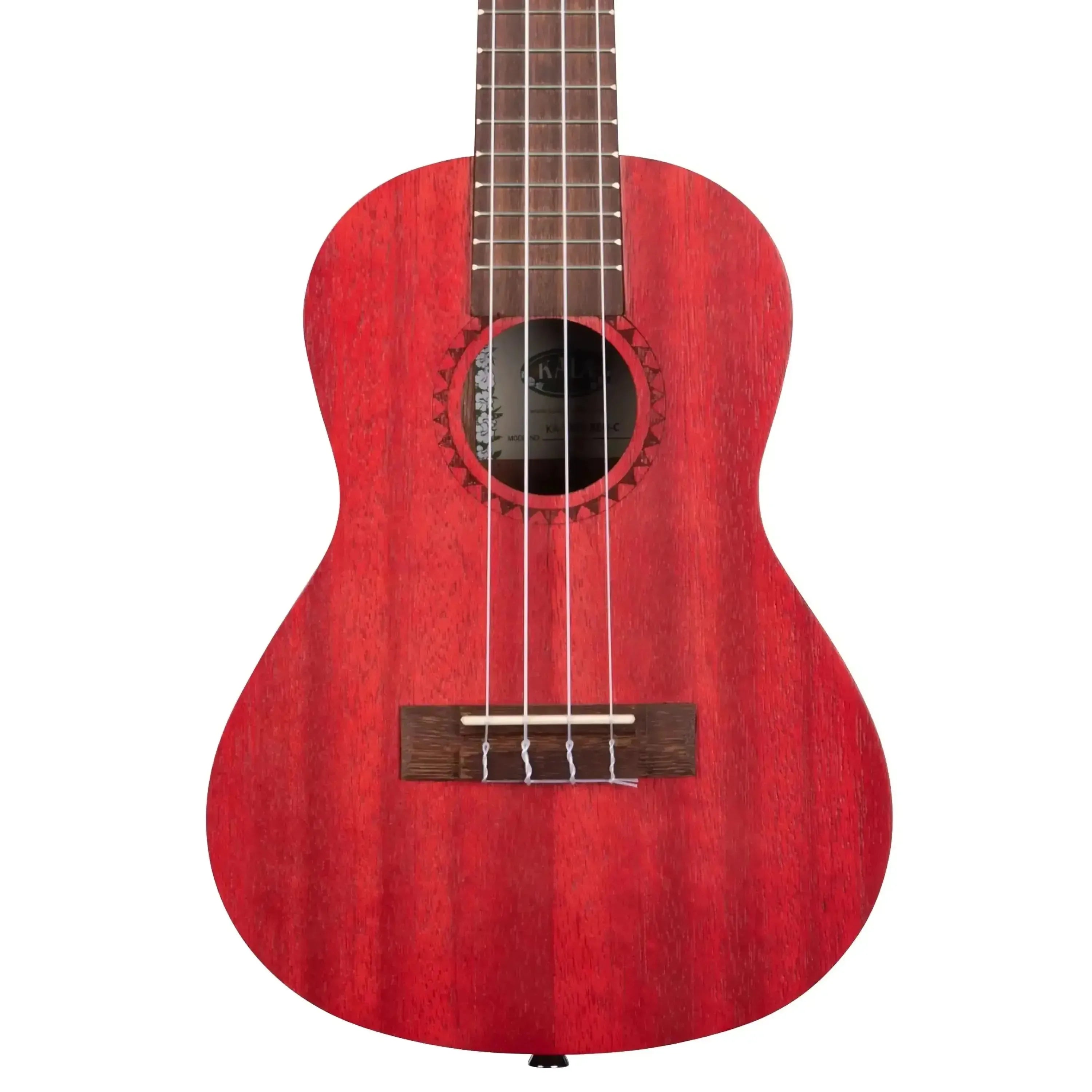 Kala MRT-RED-C Red Stained Meranti Concert Ukulele with satin finish and decorative rosette.