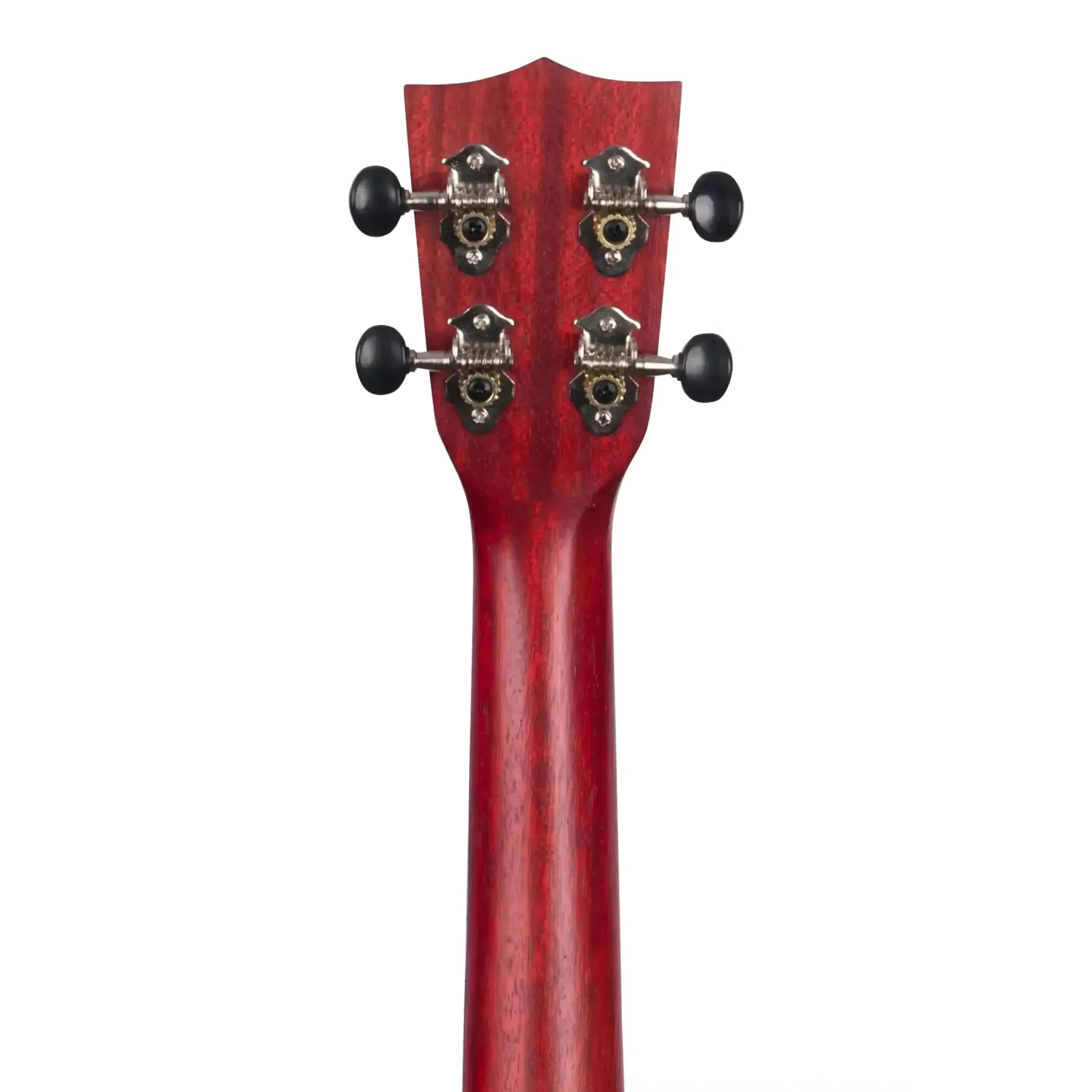 Kala MRT-RED-C Red Meranti Concert Ukulele headstock with chrome open gear tuners.