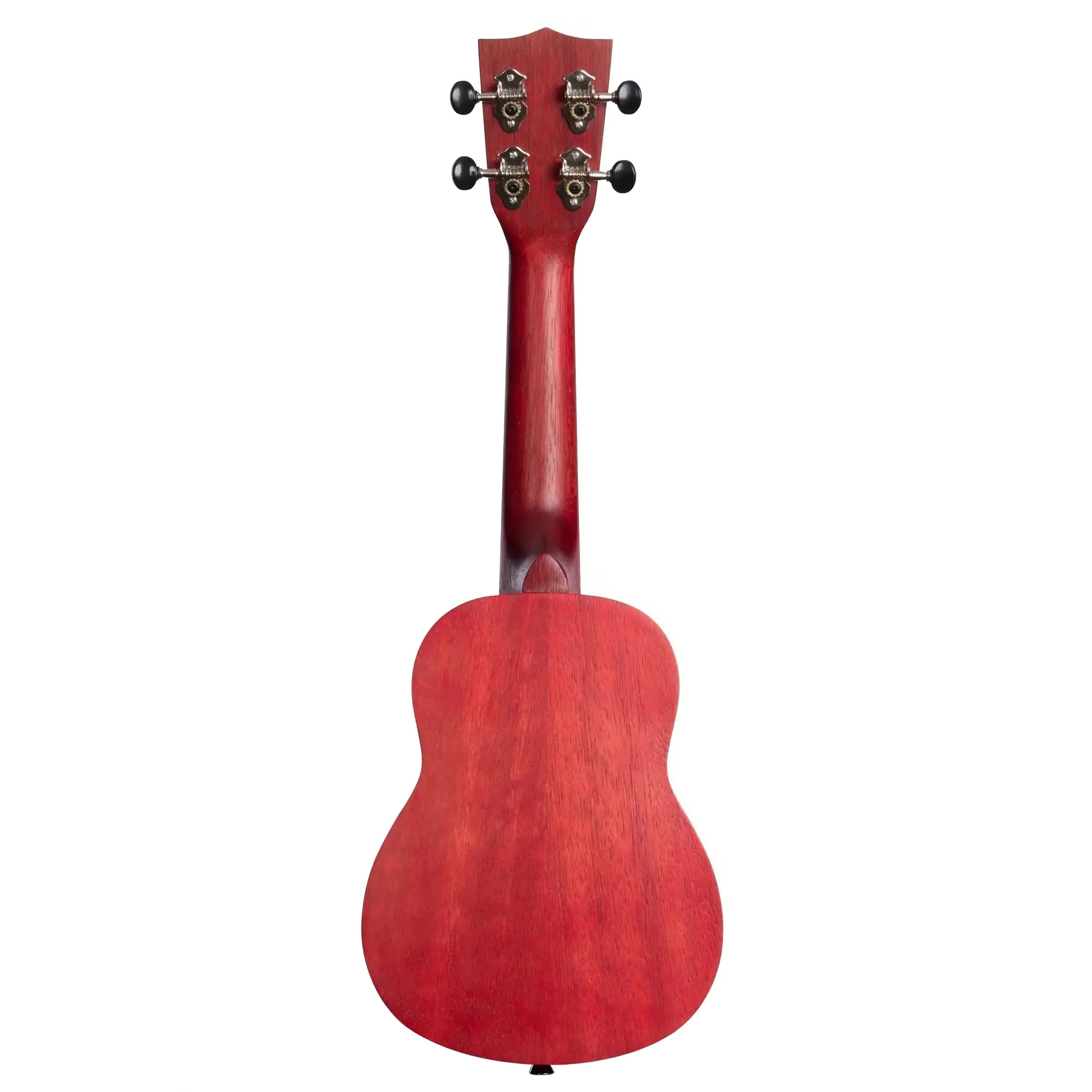 Kala MRT-RED-S Red Watercolor Meranti Soprano Ukulele, back view, with chrome open-gear tuners.