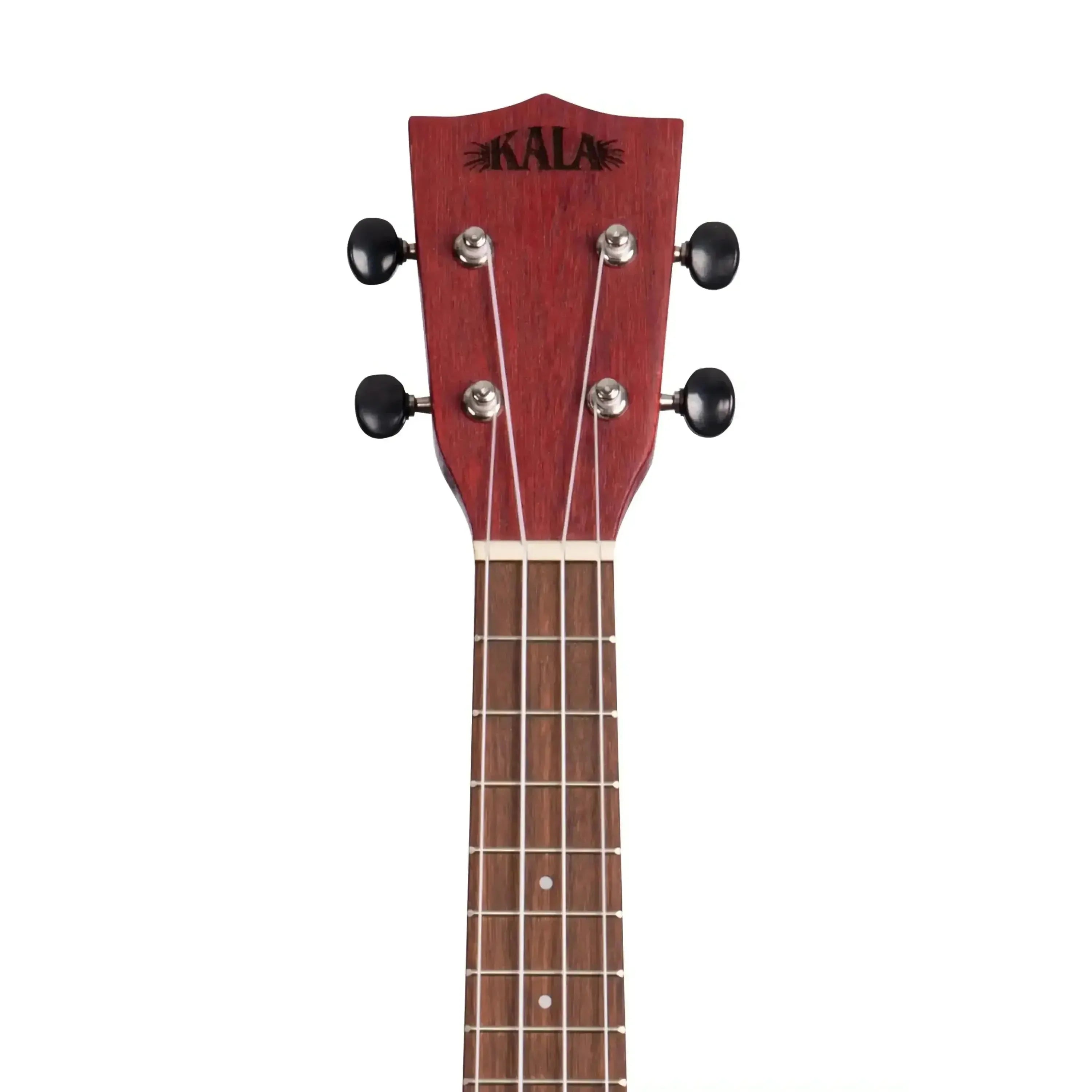 Kala MRT-RED-S Red Watercolor Meranti Soprano Ukulele headstock with black tuners and fretboard.