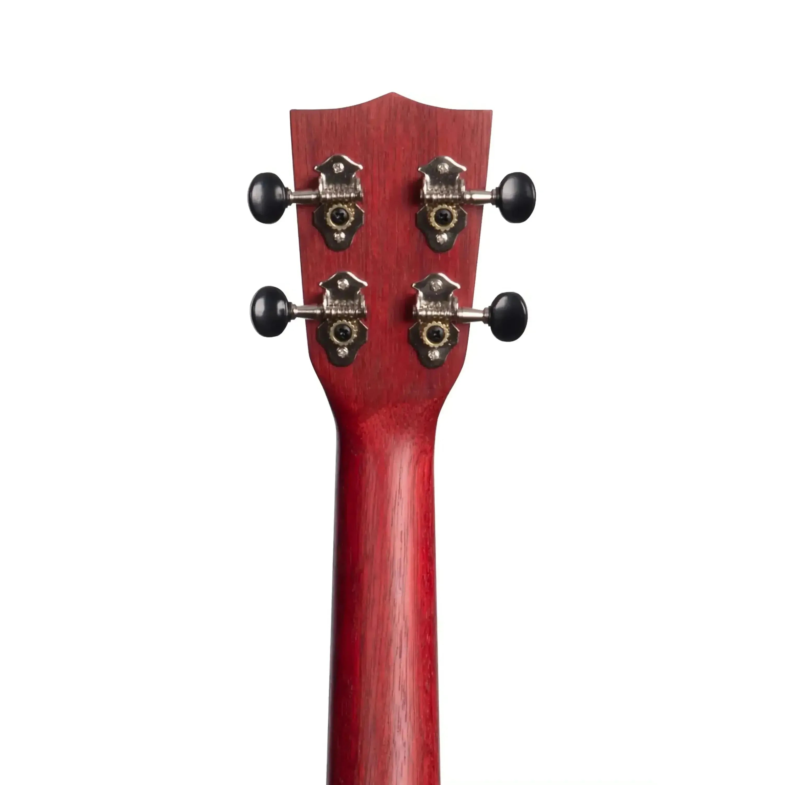 Back of Kala MRT-RED-S red meranti soprano ukulele headstock and neck with black open-gear tuners.