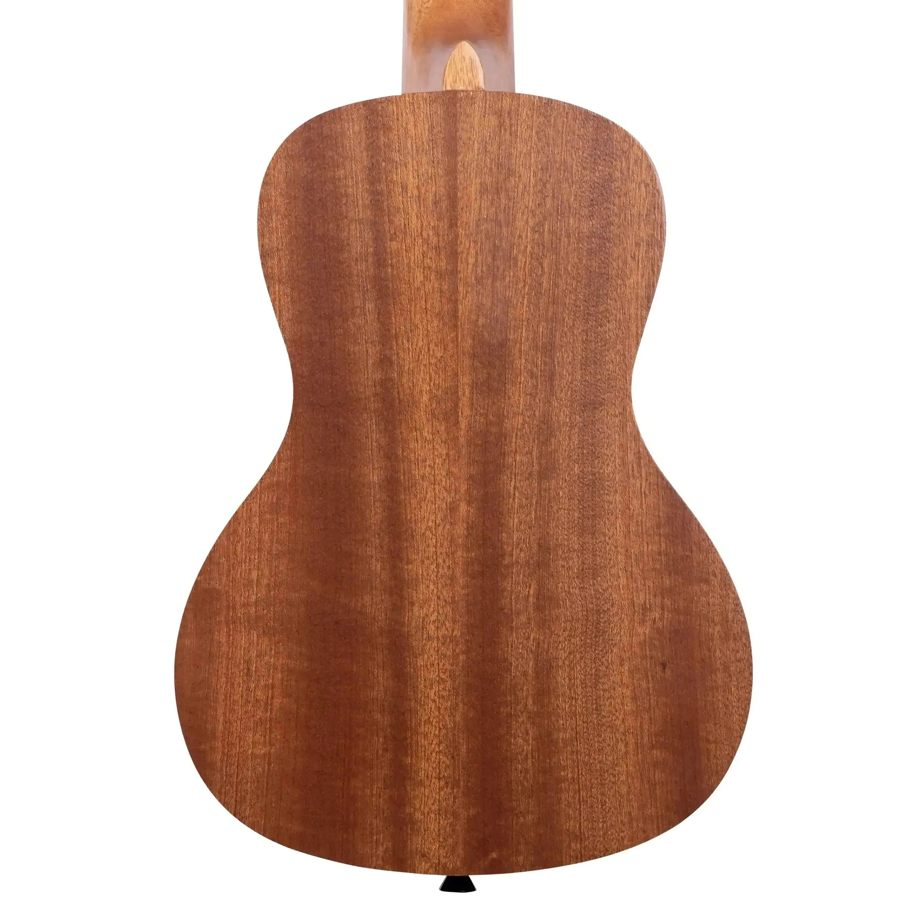 Back of a Kala mxmtoon Signature Concert Ukulele, showing its warm brown mahogany wood grain and strap button.