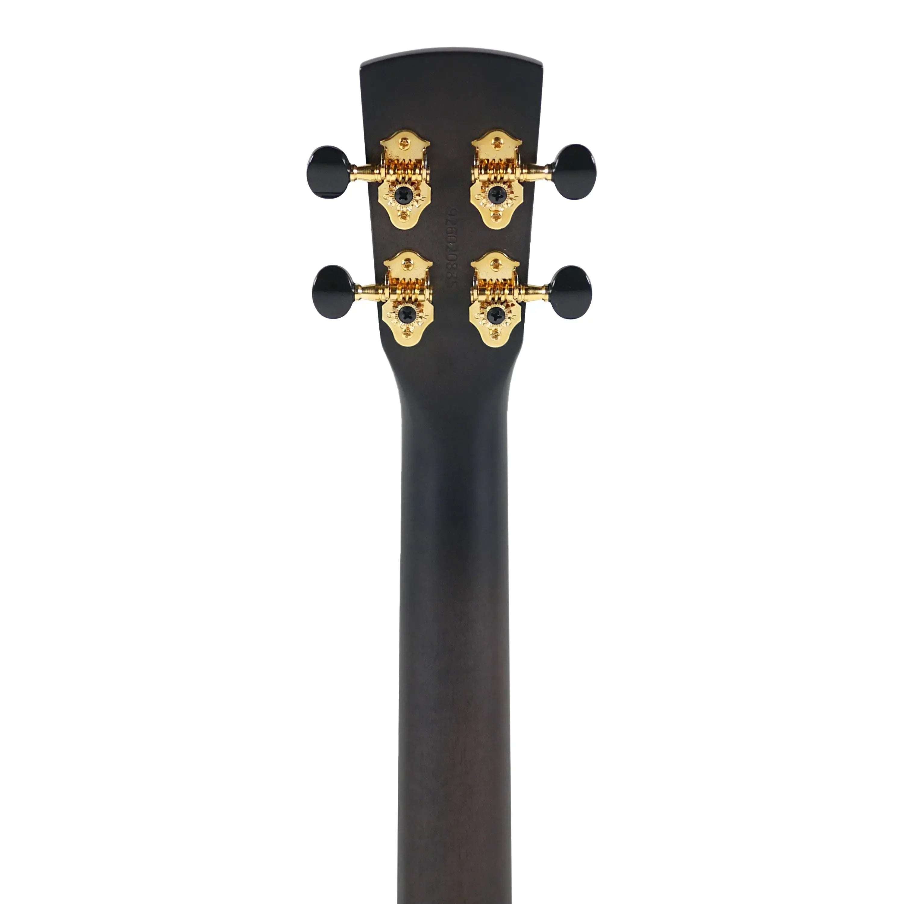 Kala Revelator Nautilus Horizon tenor ukulele headstock and neck, featuring gold tuners and black buttons.