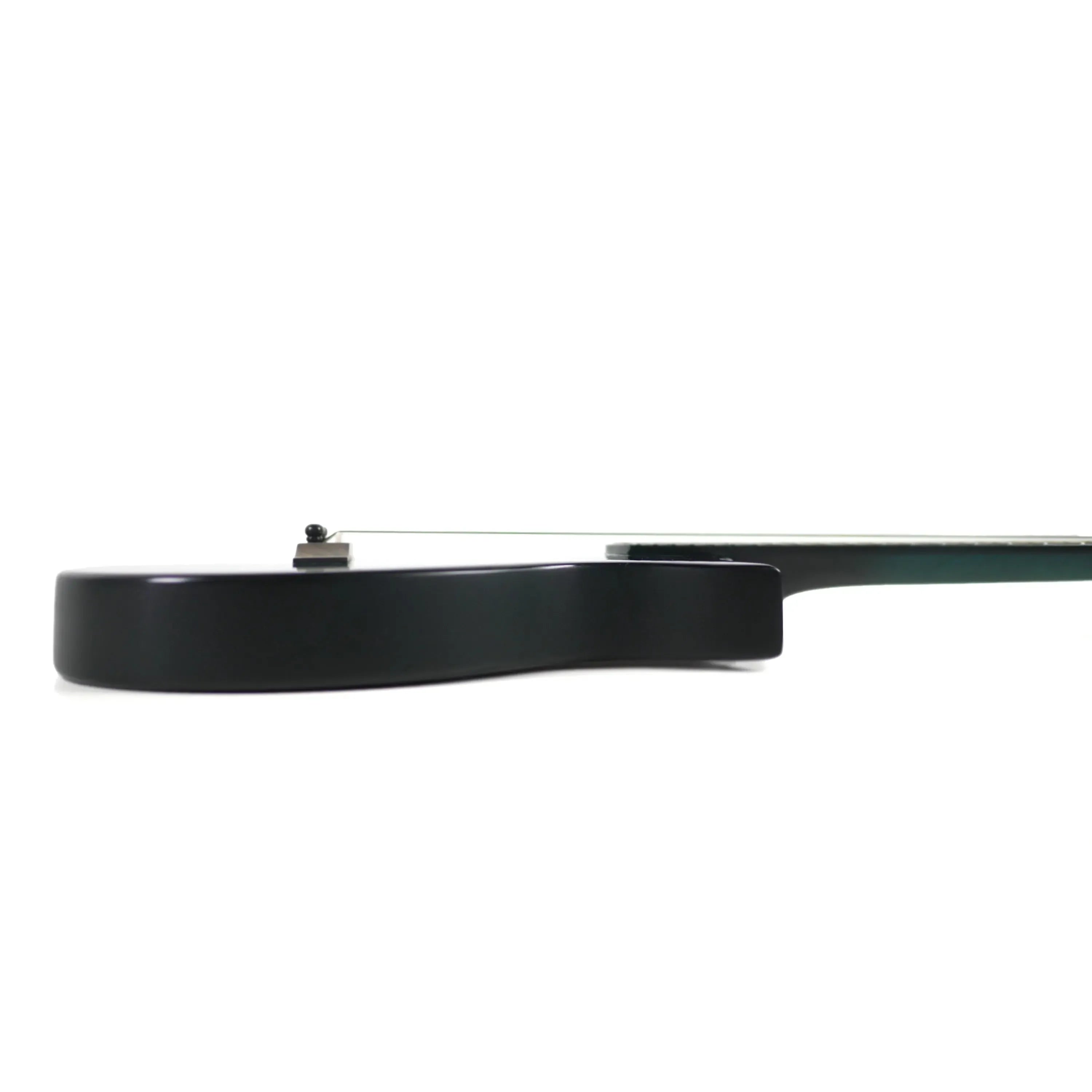Side view of a Kala Revelator Nautilus Horizon Tenor Ukulele with a dark blue body and neck.