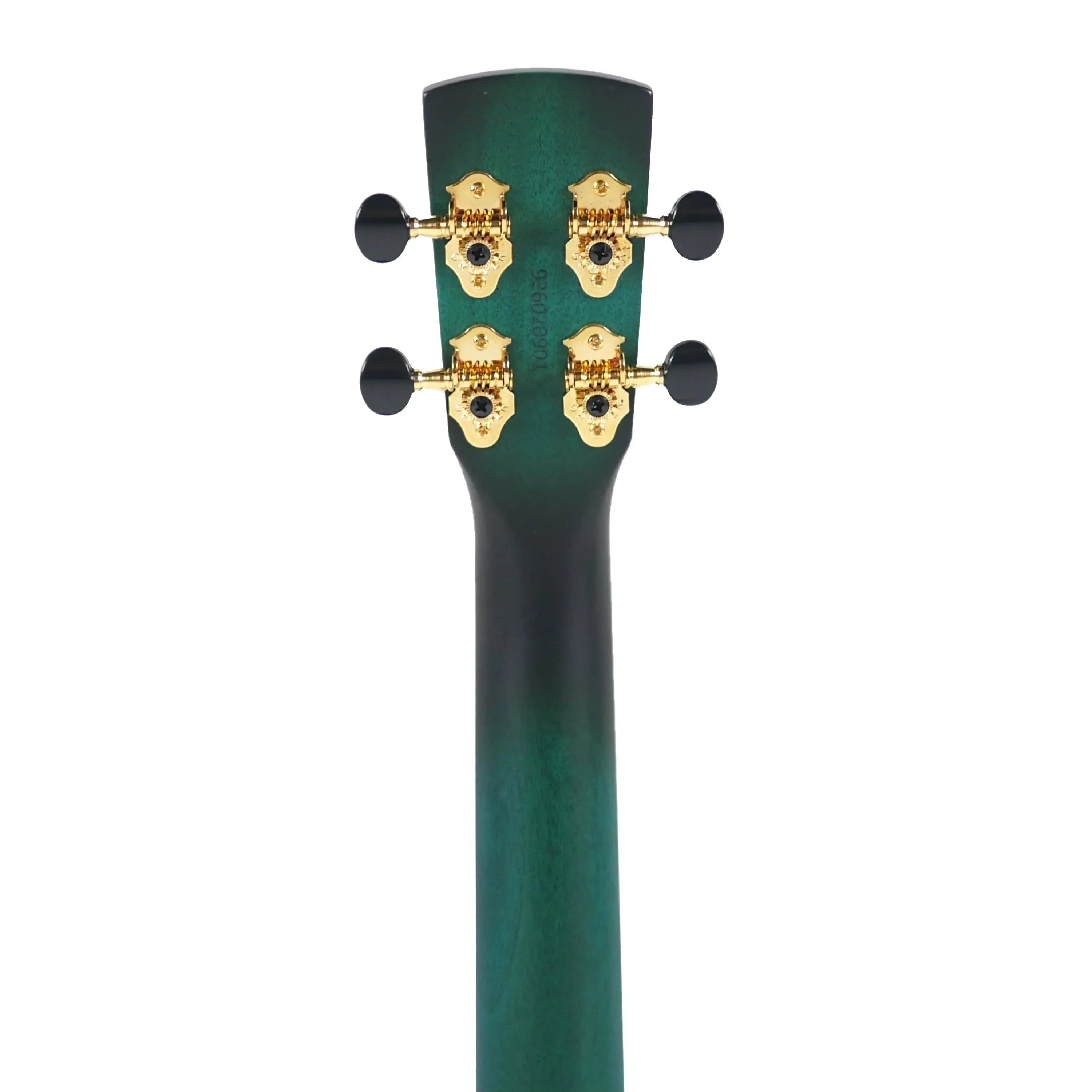 Back of Kala Revelator Nautilus Horizon Blue Lagoon Tenor Ukulele headstock and neck with gold tuners.
