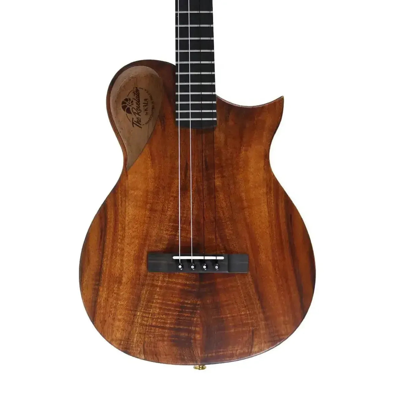 Kala Revelator Nautilus Baritone Ukulele with Hawaiian Koa body, Florentine cutaway, and black bridge.