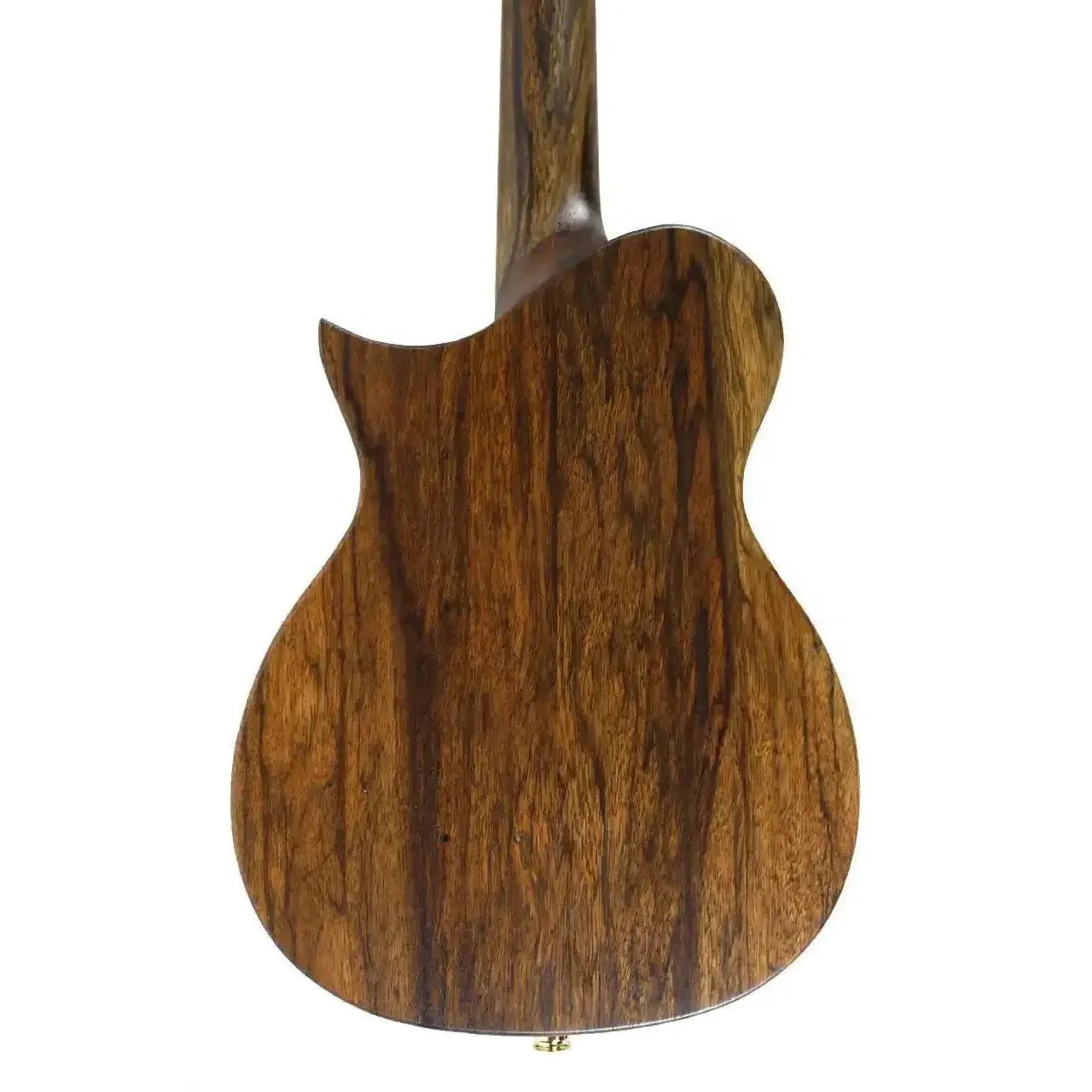 Kala Revelator Nautilus Myrtle Tenor Ukulele back, showing dark wood grain and Florentine cutaway.