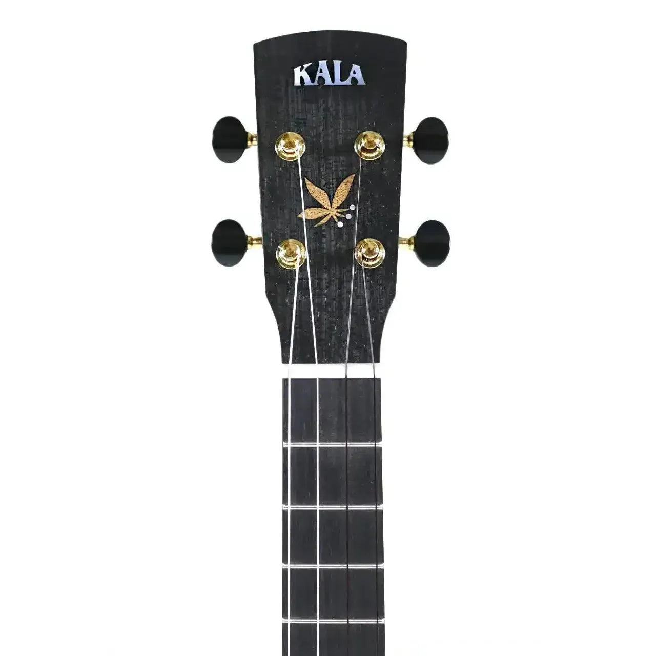 Kala Revelator Nautilus Tenor Ukulele headstock with gold tuners and leaf inlay.