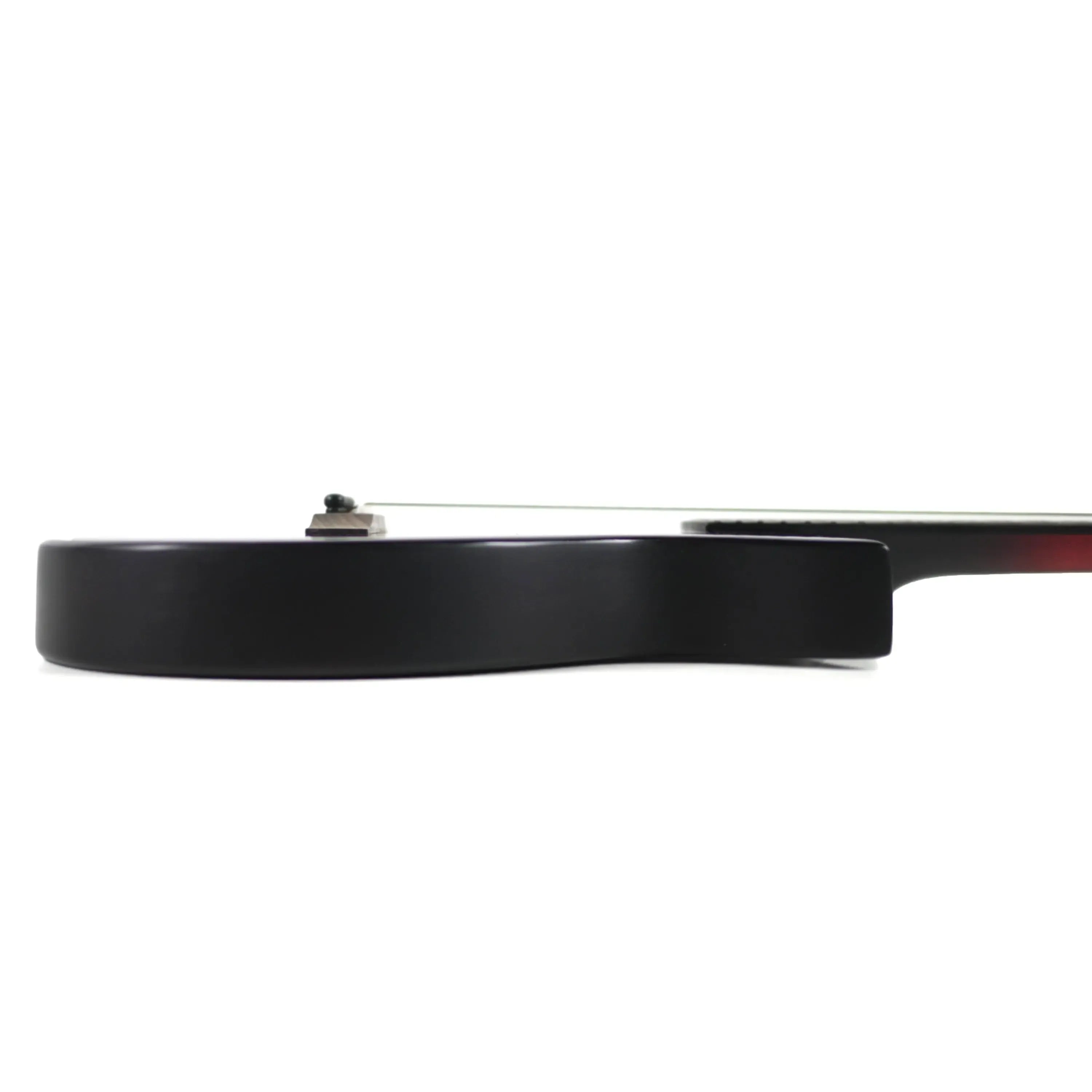 Side view of a Kala Revelator Nautilus Red Glow Tenor Ukulele with a black body and red glow finish.