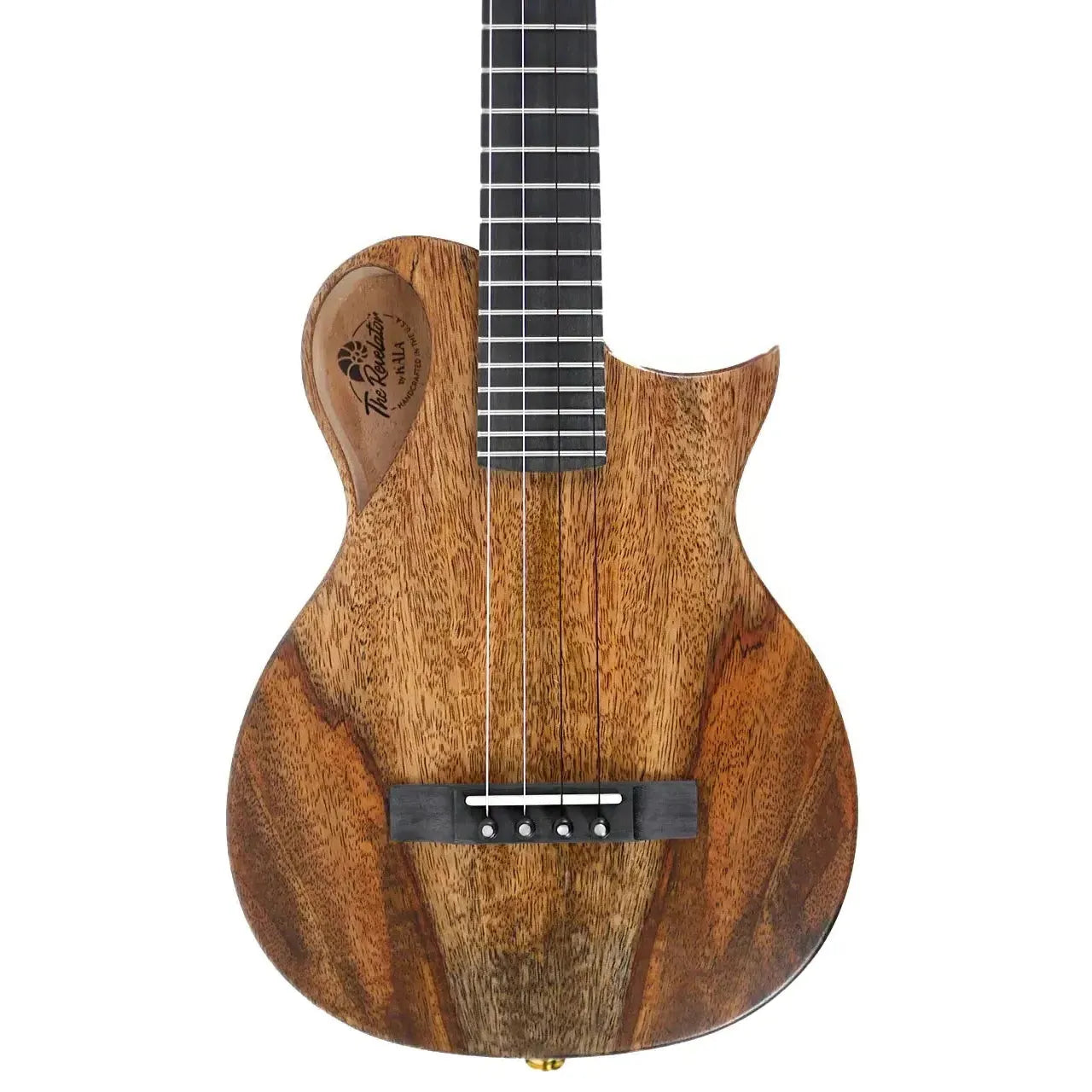 Kala Mango Revelator Nautilus Tenor Ukulele, natural wood grain, black fretboard, and pickup.