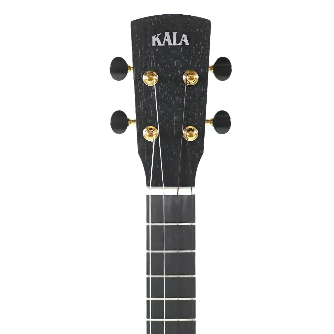 Kala ukulele headstock with black finish, gold tuners, and white KALA logo.