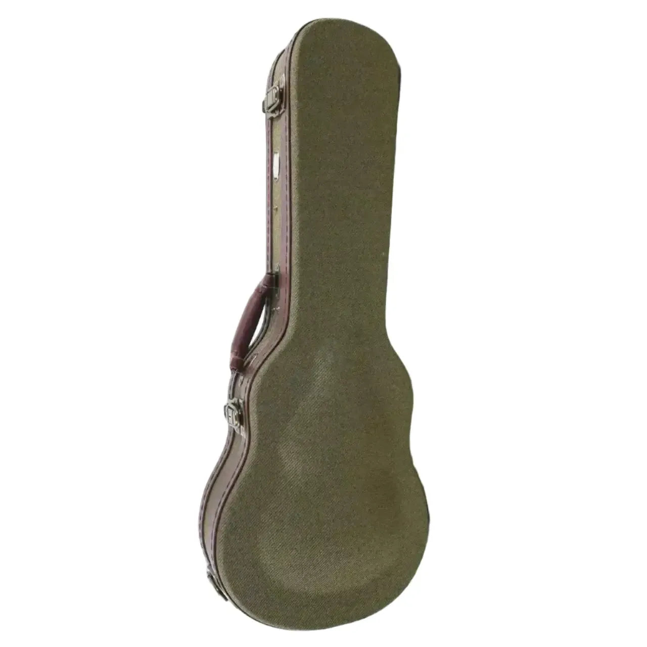 Kala Revelator hardshell ukulele case in olive green with brown leather trim and handle.