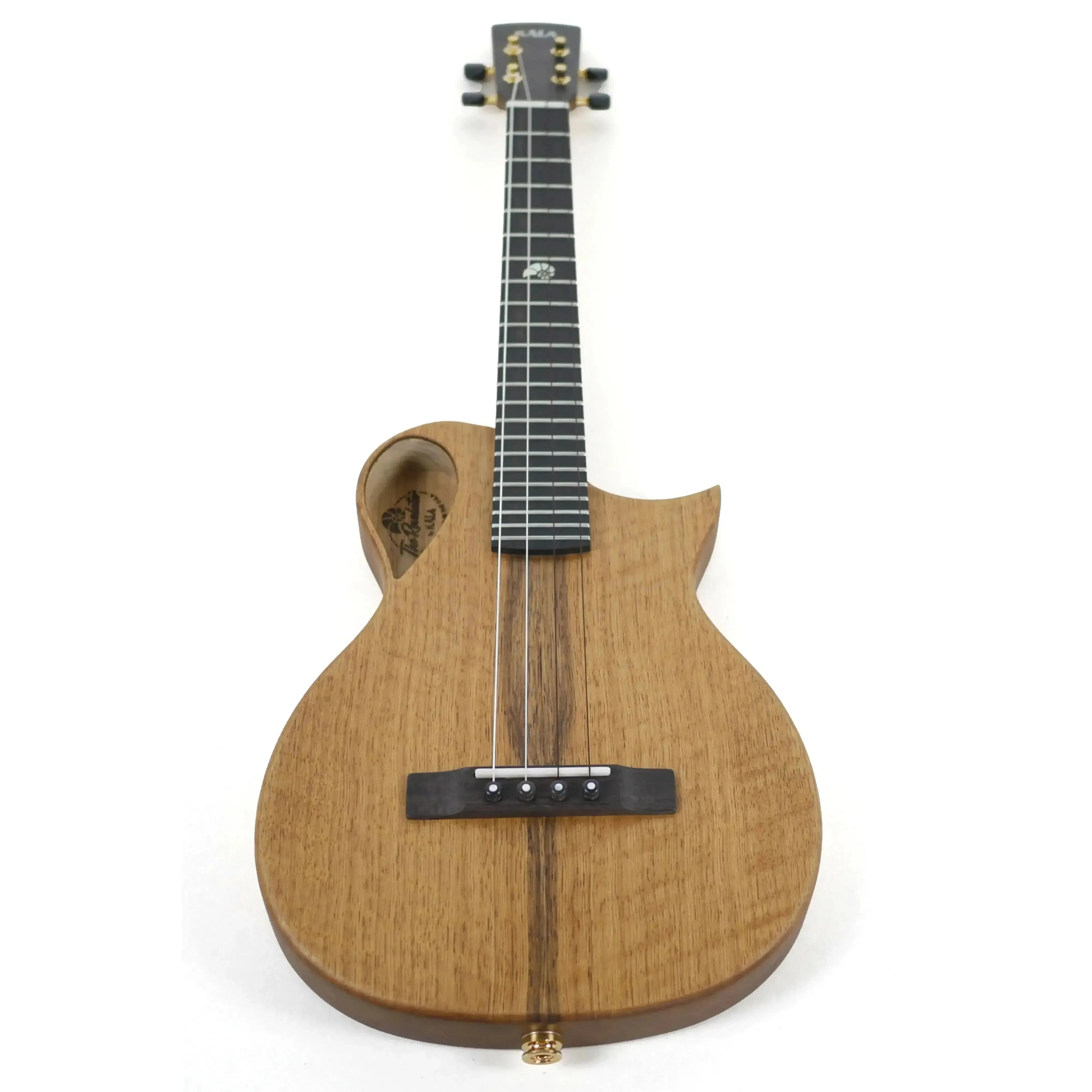 Kala Revelator Nautilus Mastergrade Korina Tenor Ukulele with Florentine cutaway, ebony fingerboard, and gold mother of pearl inlay.