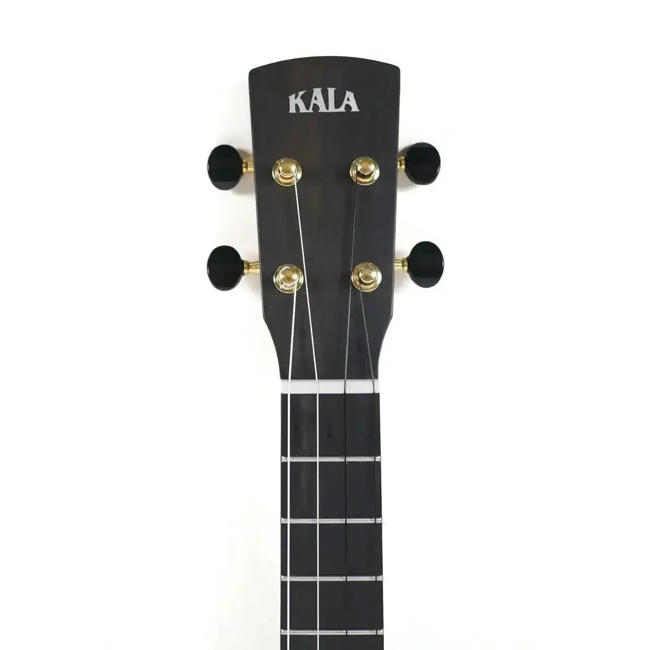 Kala Revelator Nautilus Mastergrade Korina Tenor Ukulele headstock with black finish, gold tuners, and white strings.