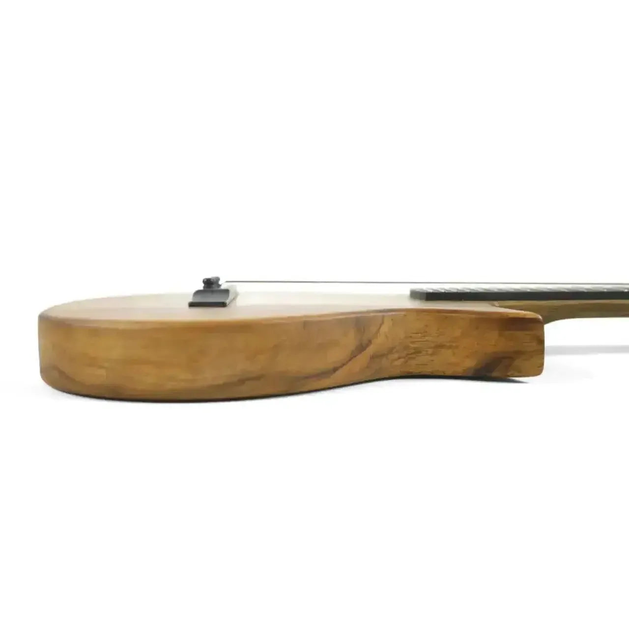 Side view of a Kala Revelator Nautilus Premium Korina Tenor Ukulele, showing its natural wood grain.