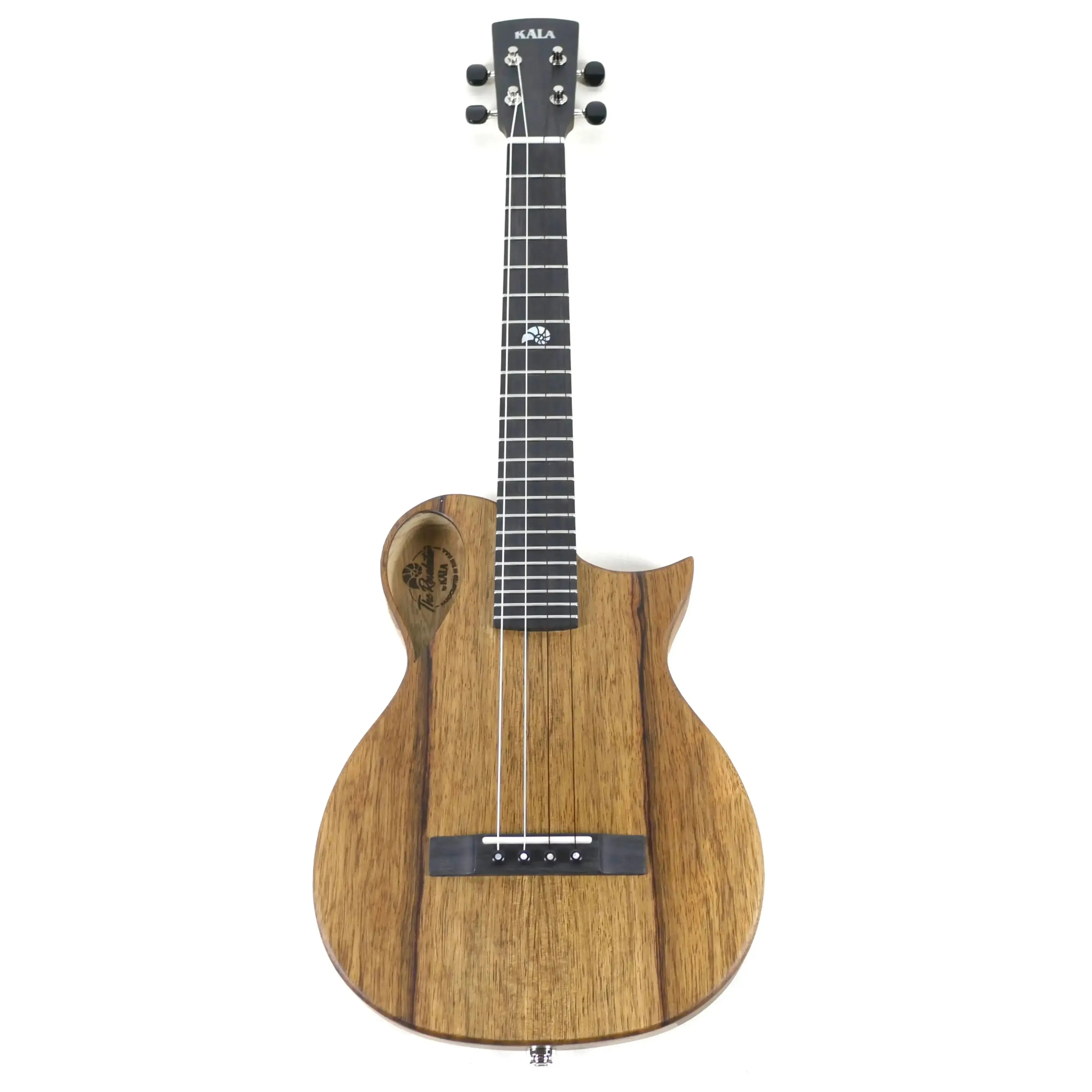 Kala Revelator Nautilus Premium Korina Tenor Ukulele with Florentine cutaway and black headstock.