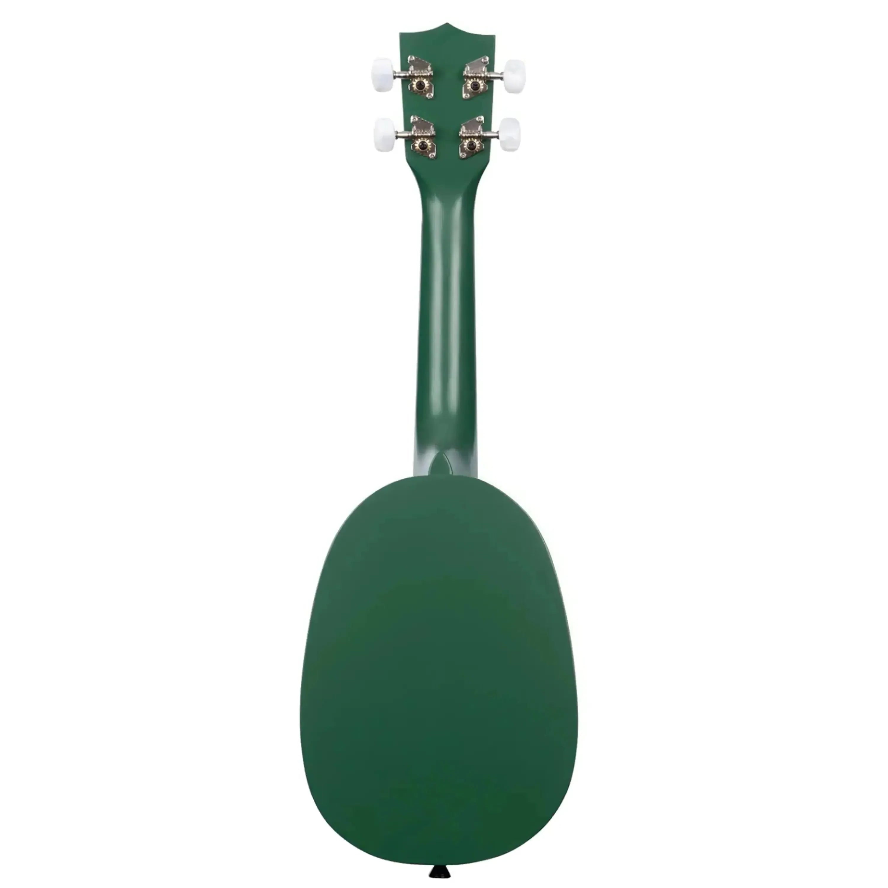 Kala Blue Beetle pineapple soprano ukulele, back view, dark green mahogany body and neck, chrome tuners.