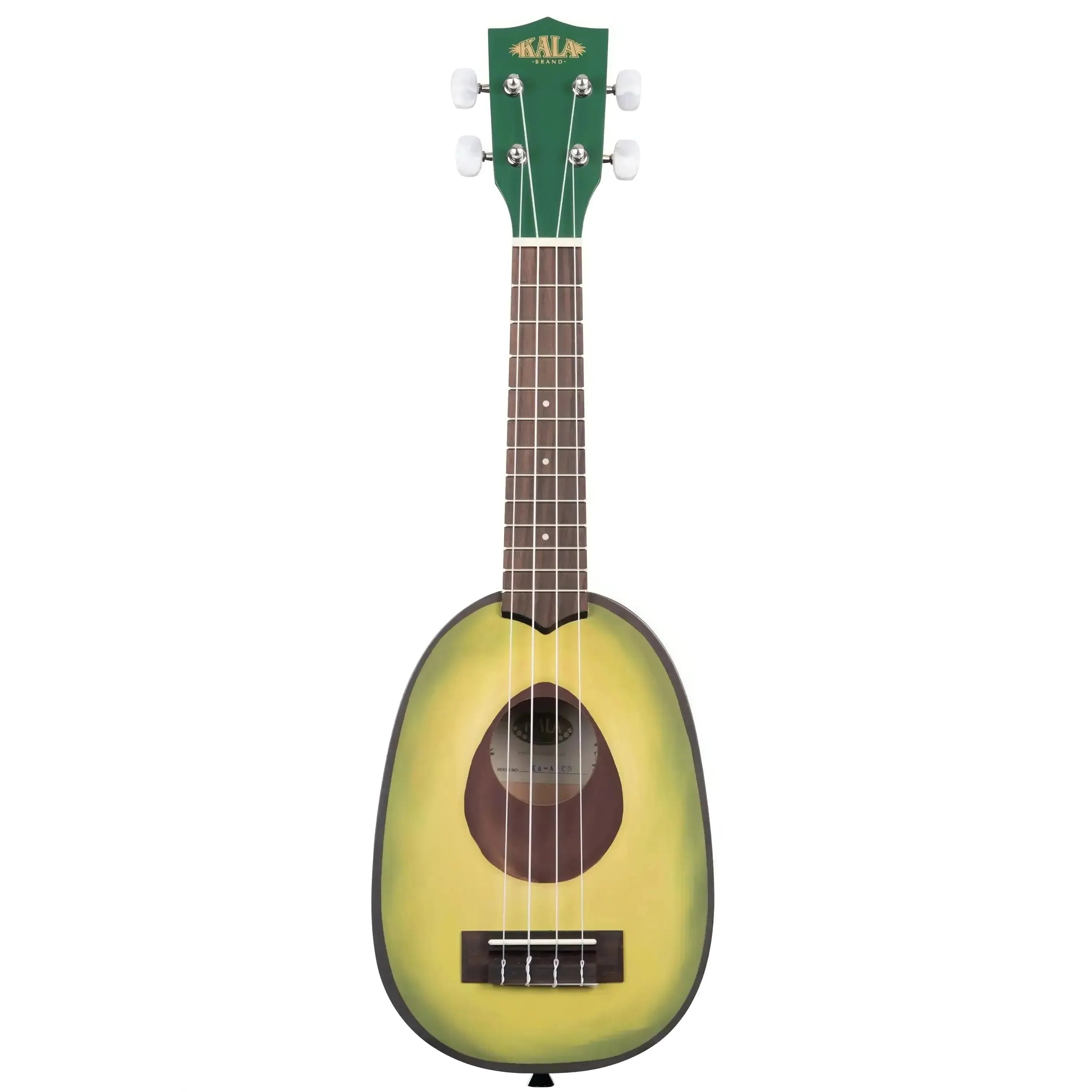 Kala Guacalele pineapple soprano ukulele with green headstock and avocado-shaped body.