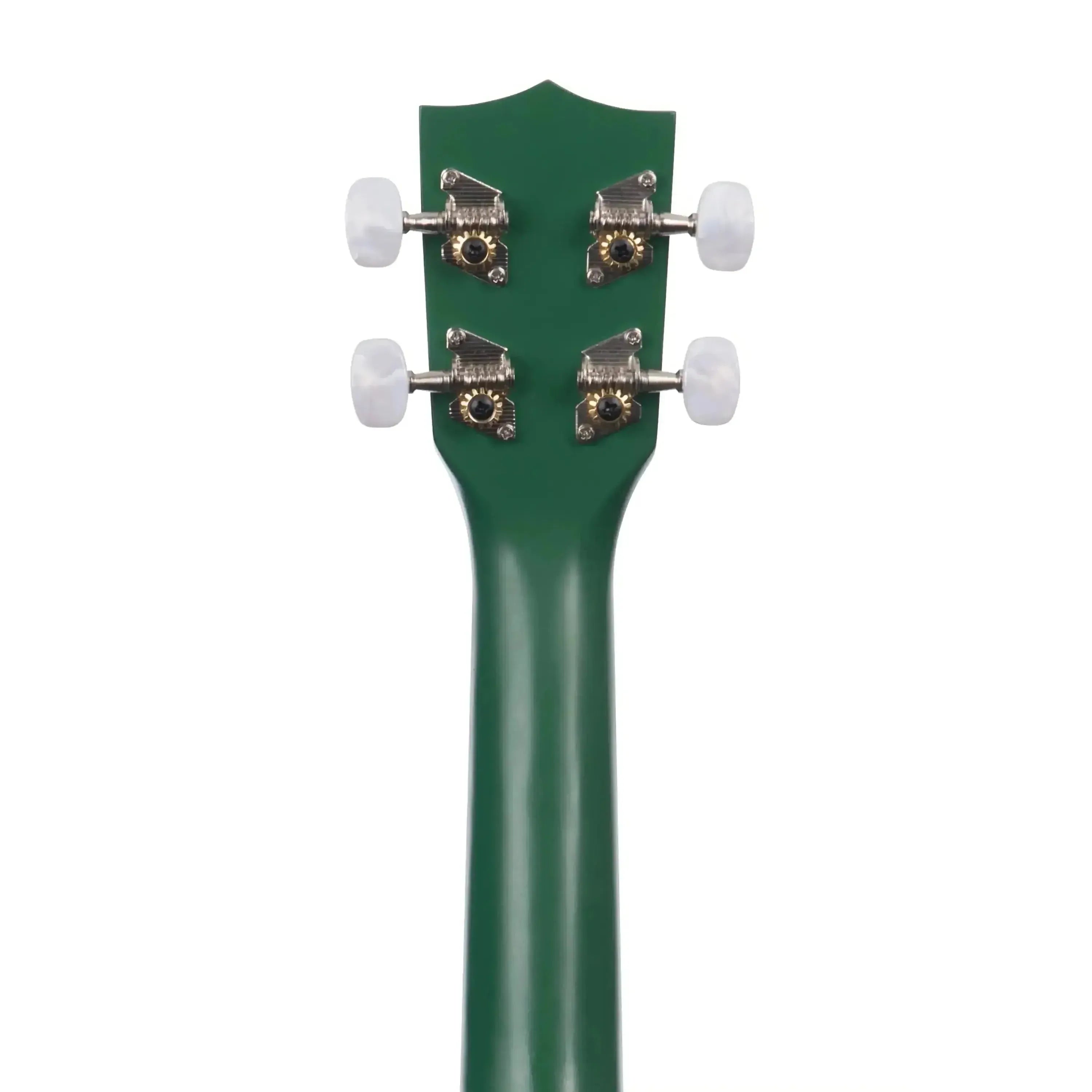 Back of a Kala Guacalele pineapple soprano ukulele headstock and neck, showing green finish and chrome tuners.