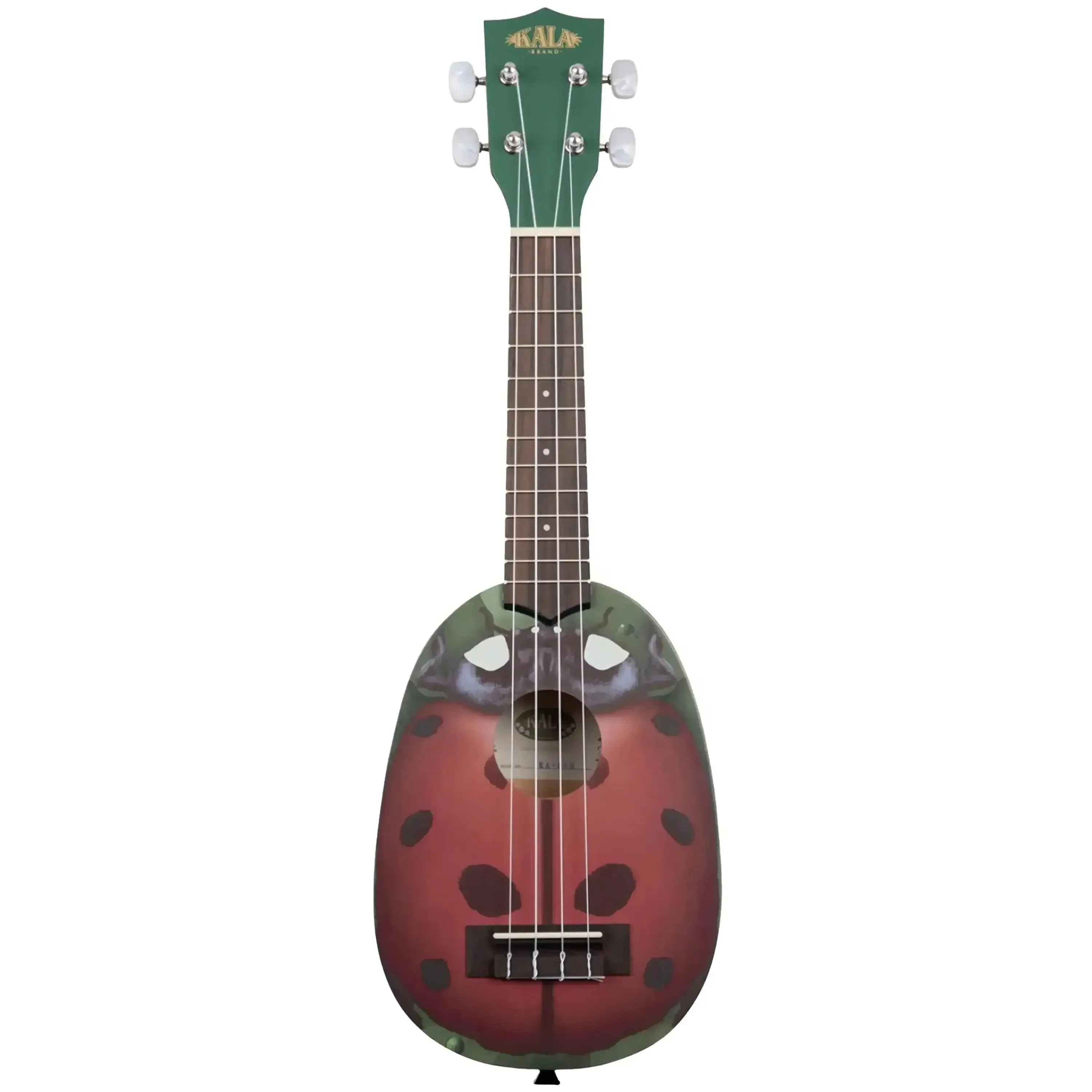 Kala Ladybug Pineapple Soprano Ukulele with red mahogany body, green headstock, and ladybug design.