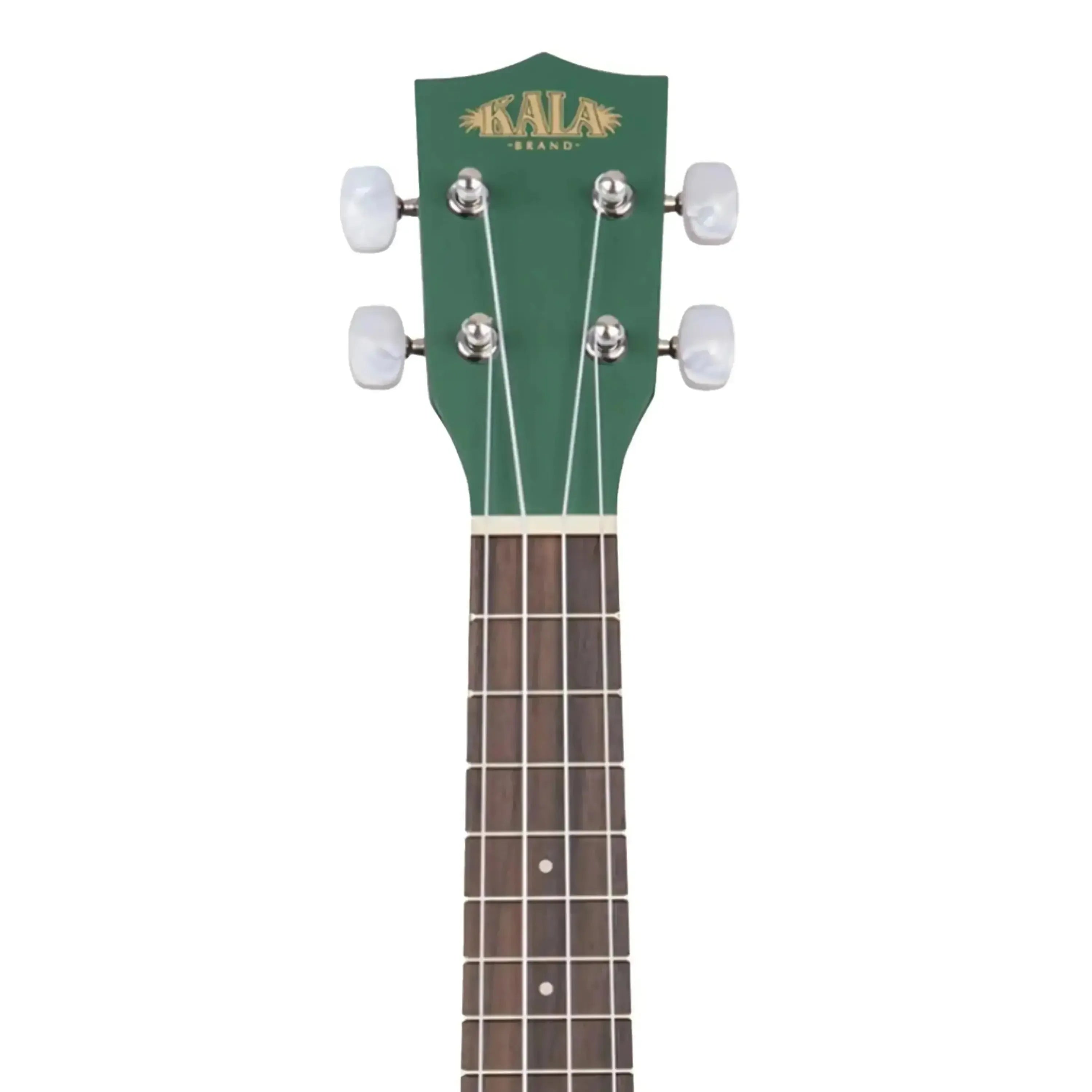 Kala ukulele headstock and fretboard with green finish, white tuners, and dark wood.
