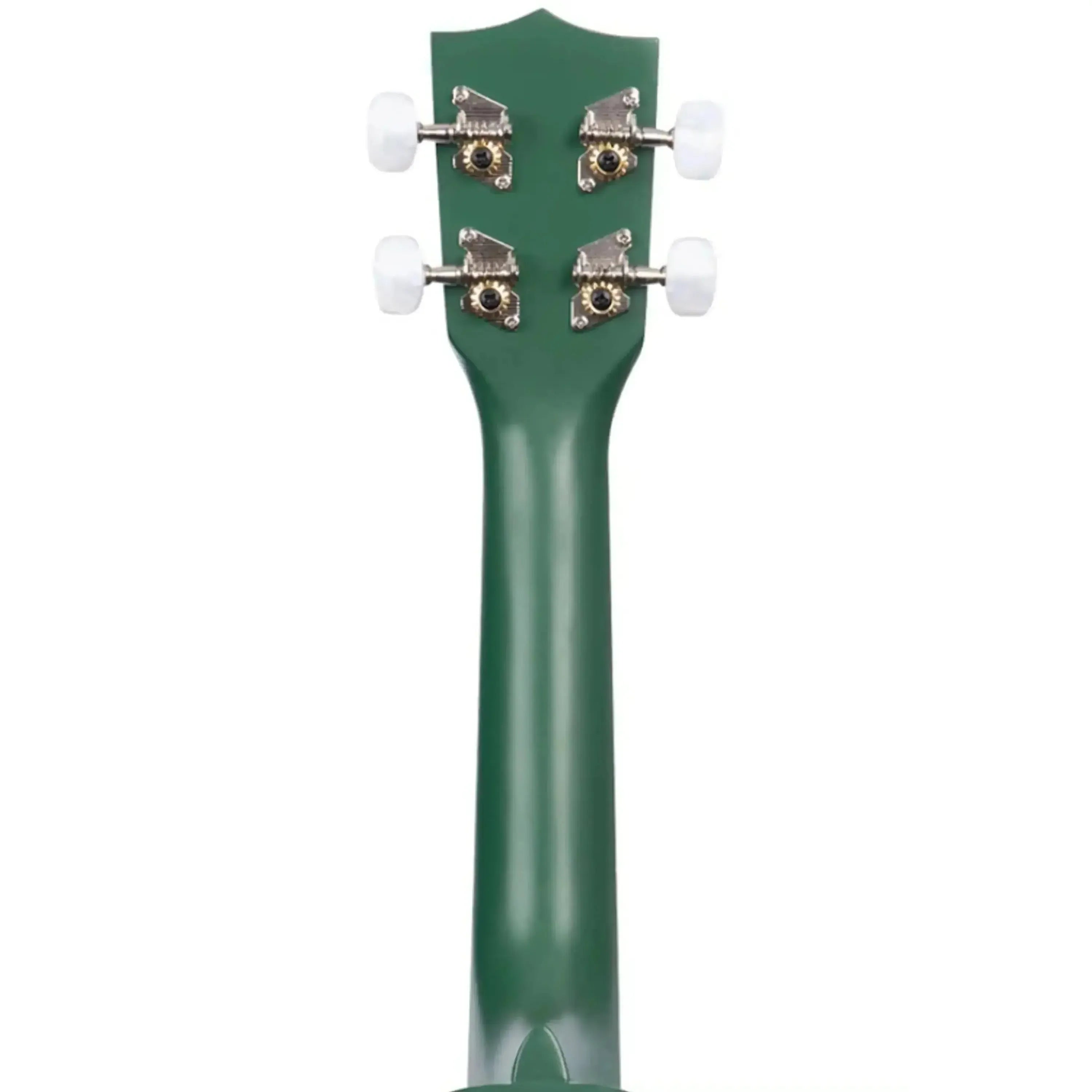 Kala NV-LBUG soprano ukulele's dark green mahogany neck and headstock with chrome open gear tuners.