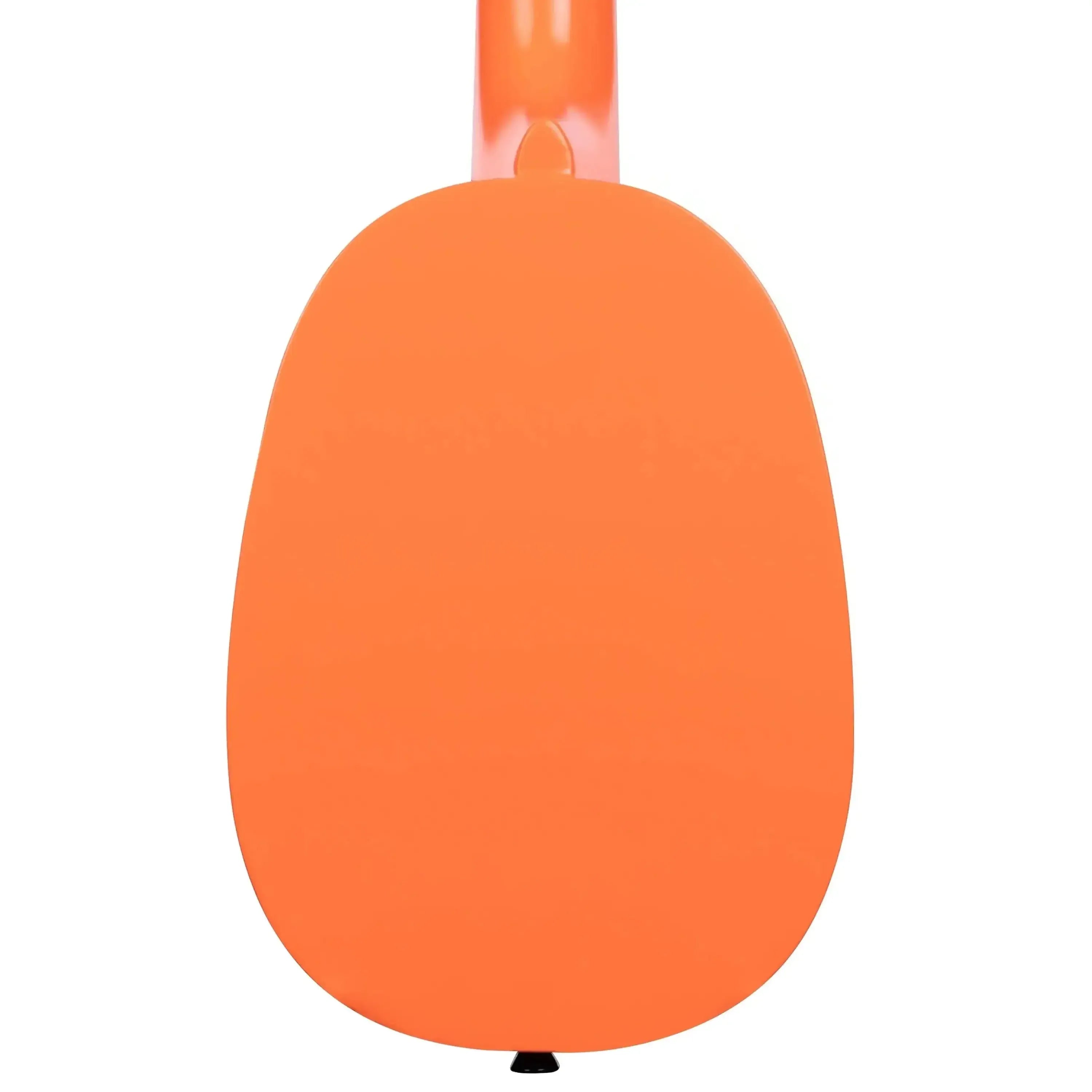 Back of a vibrant orange Kala pineapple soprano ukulele with a black strap button.