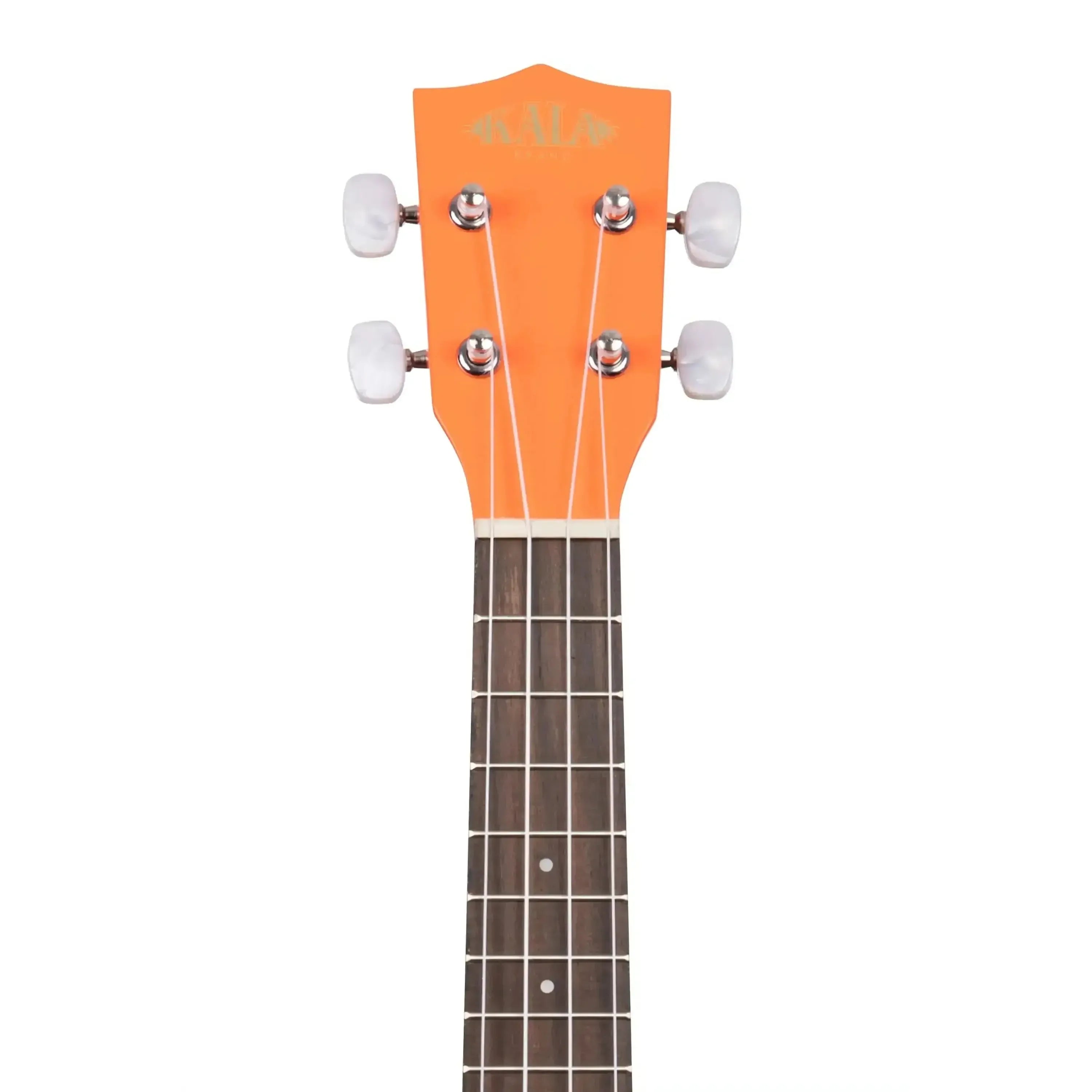 Kala orange mahogany soprano ukulele headstock with white tuners and rosewood fingerboard.