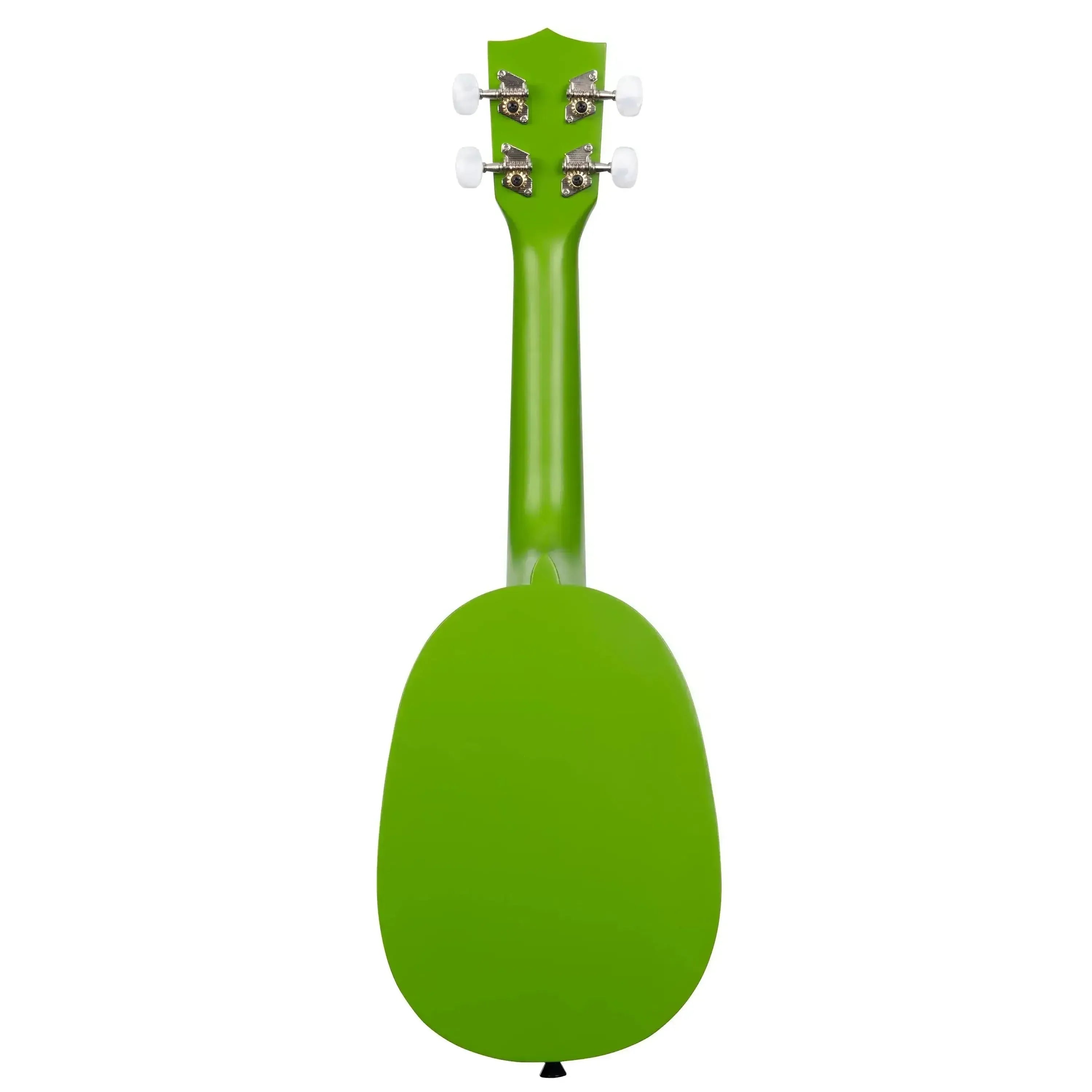 Back of a bright green Kala Watermelon Pineapple Soprano Ukulele with chrome tuners.