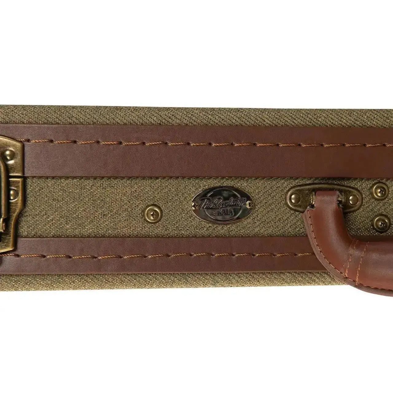 Kala Baritone Revelator Ukulele Hardshell Case in Olive Tweed with brown trim, handle, and antique hardware.