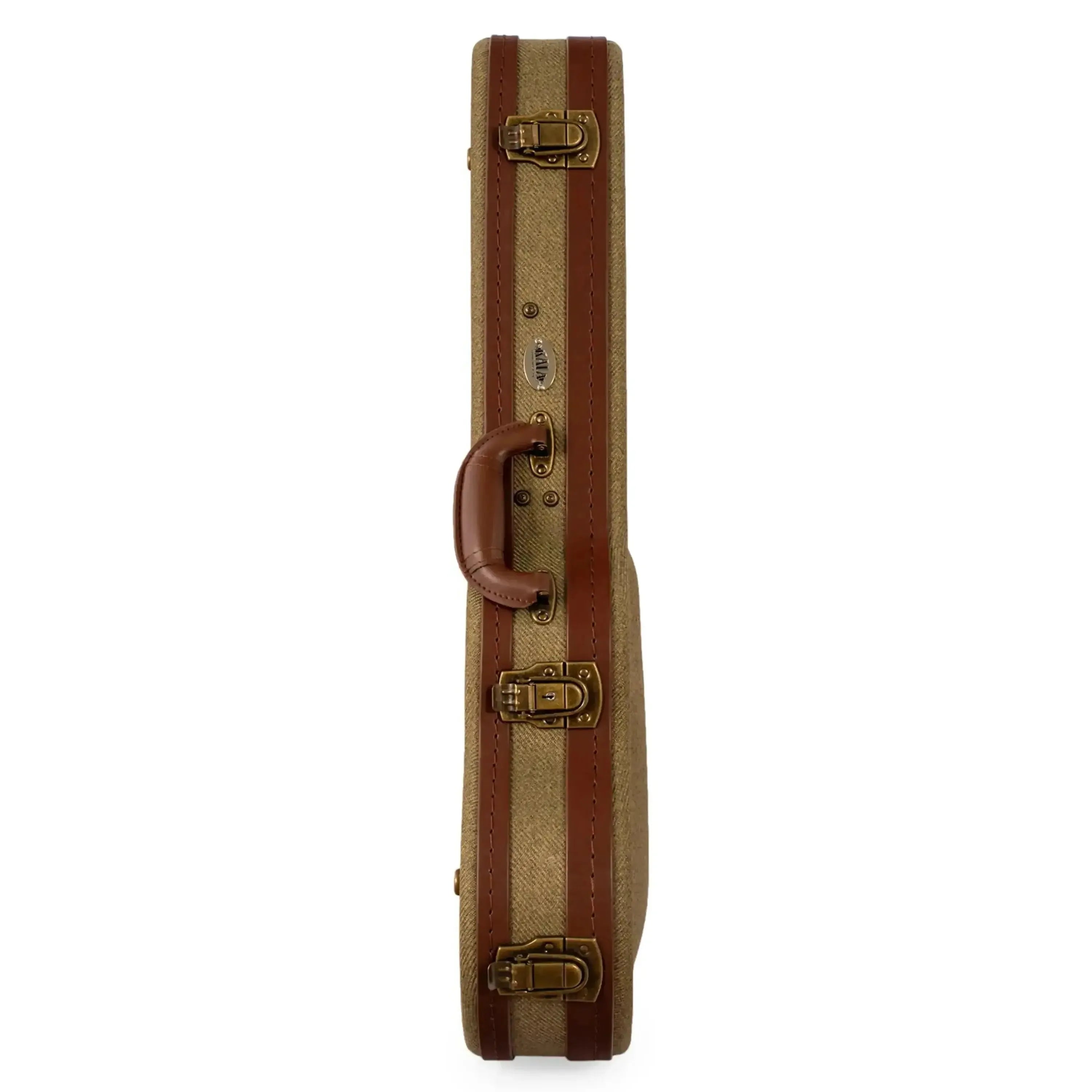 Kala Concert Ukulele hardshell case in olive tweed with brown tolex trim, archtop design, and antique bronze latches.
