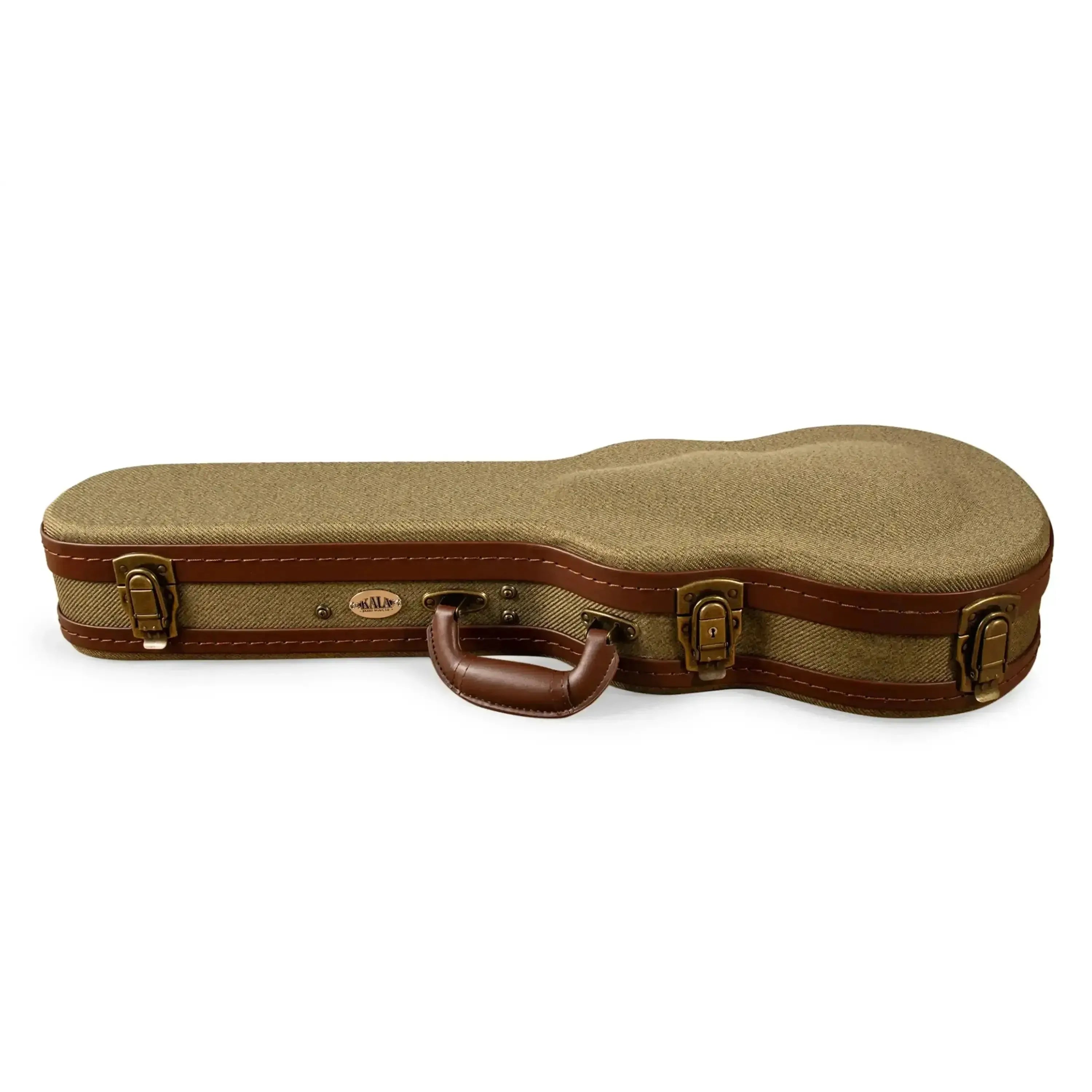 Kala Concert Ukulele hardshell case in olive tweed with brown trim, arched top, and antique bronze latches.