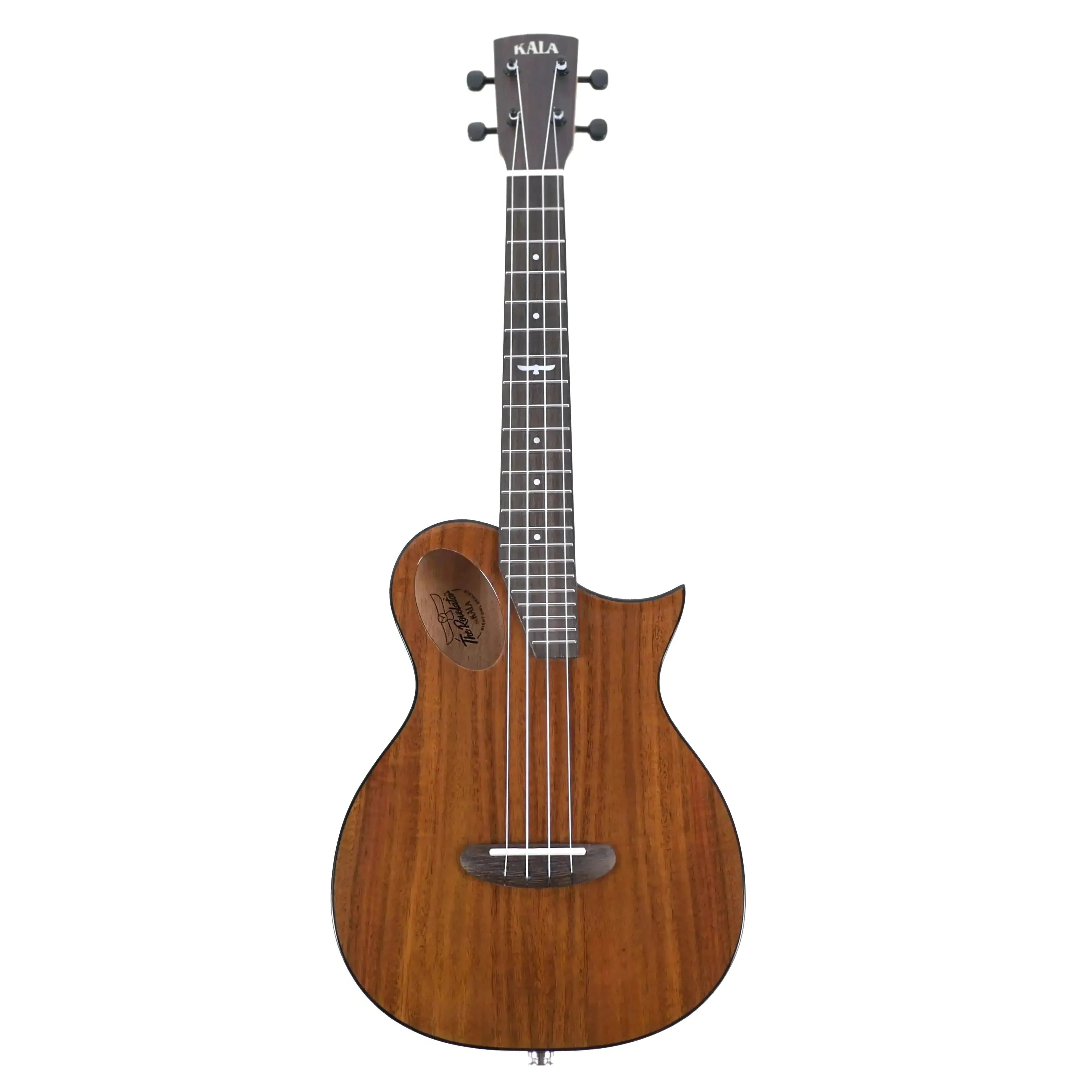 Kala Revelator Night Owl Acacia Tenor Ukulele with Florentine cutaway, dark wood, and gloss finish.