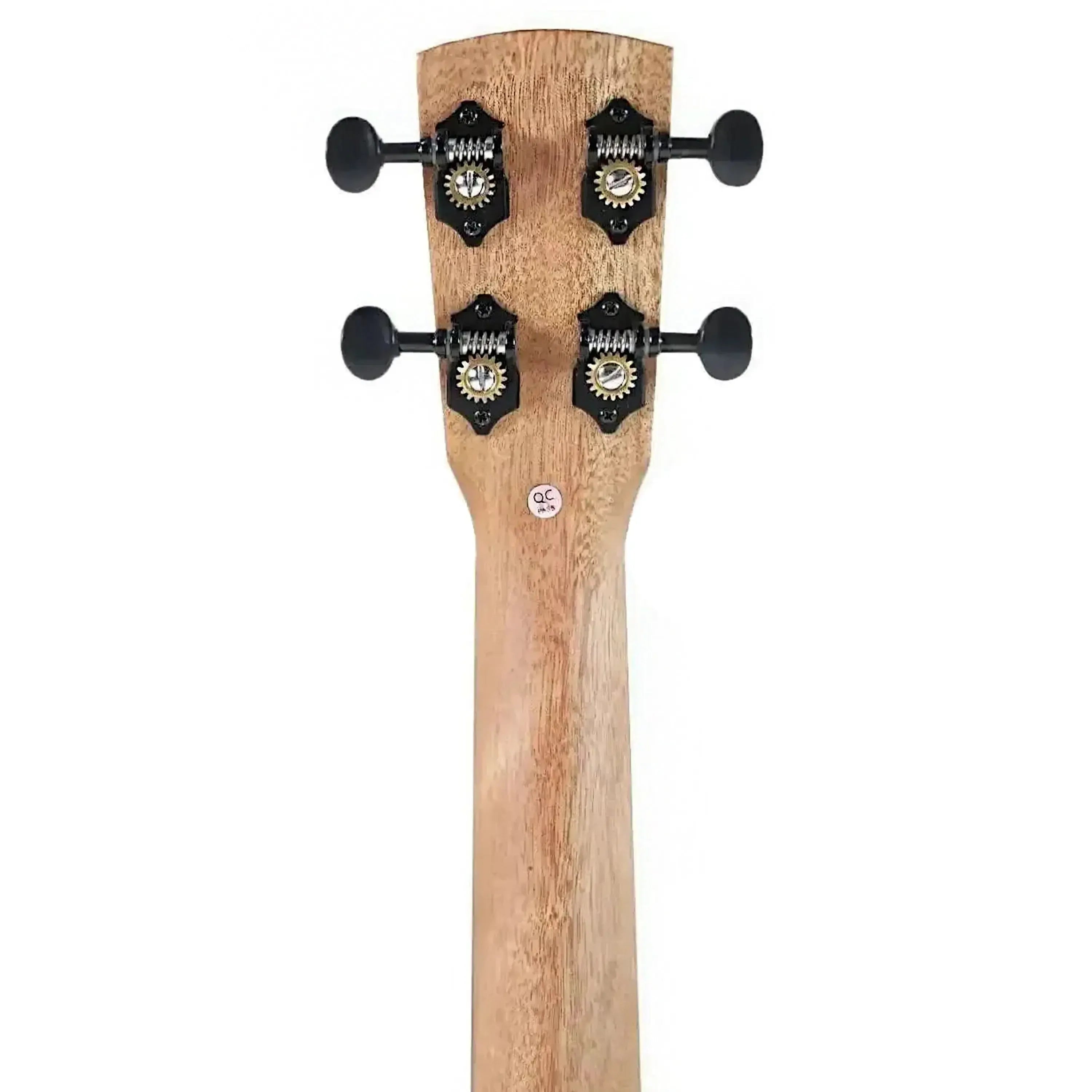 Back of Kala Revelator Night Owl Mango Tenor Ukulele neck with black tuners and light wood grain.