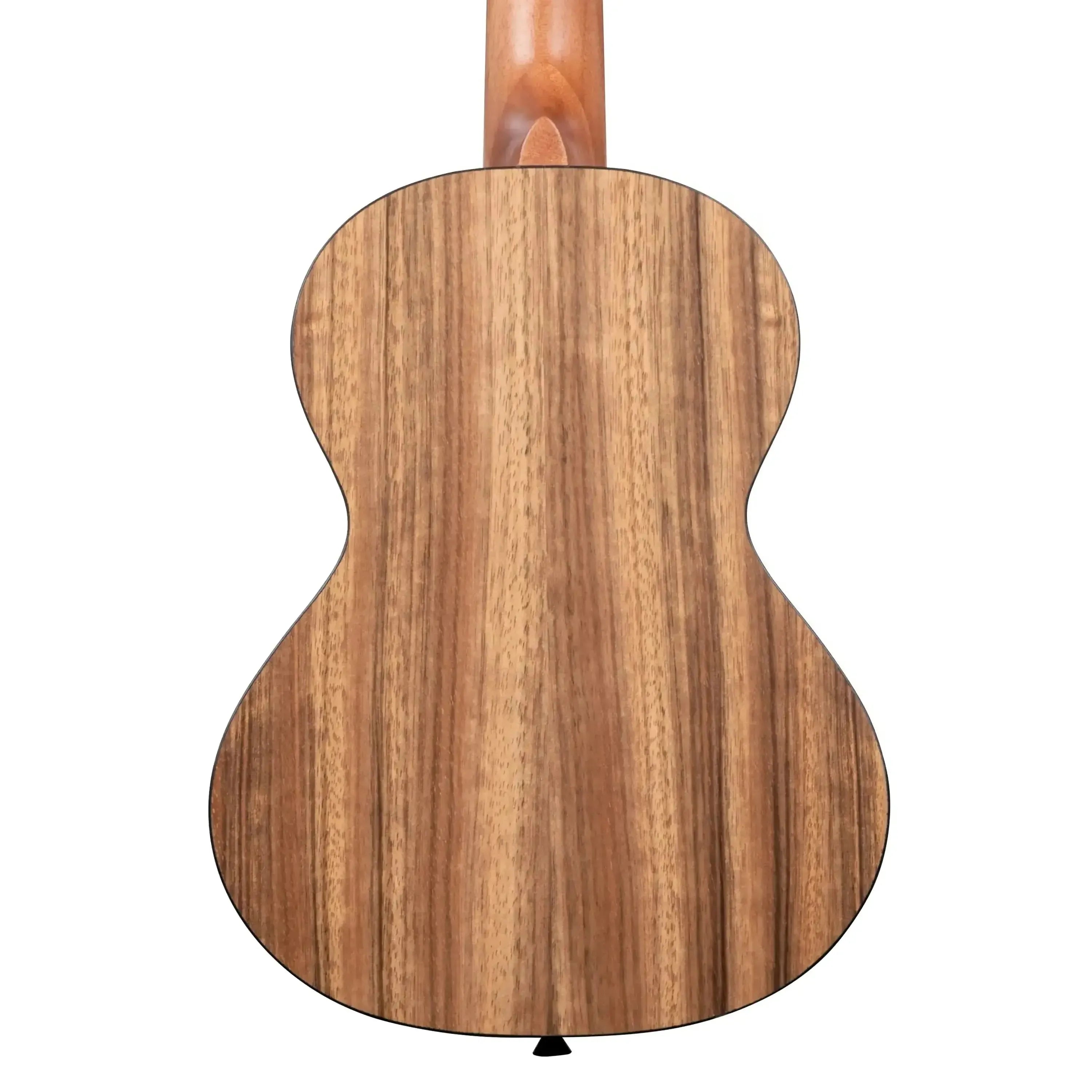 Back of a Kala Pacific Walnut Tenor Ukulele, showing its natural wood grain and black binding.