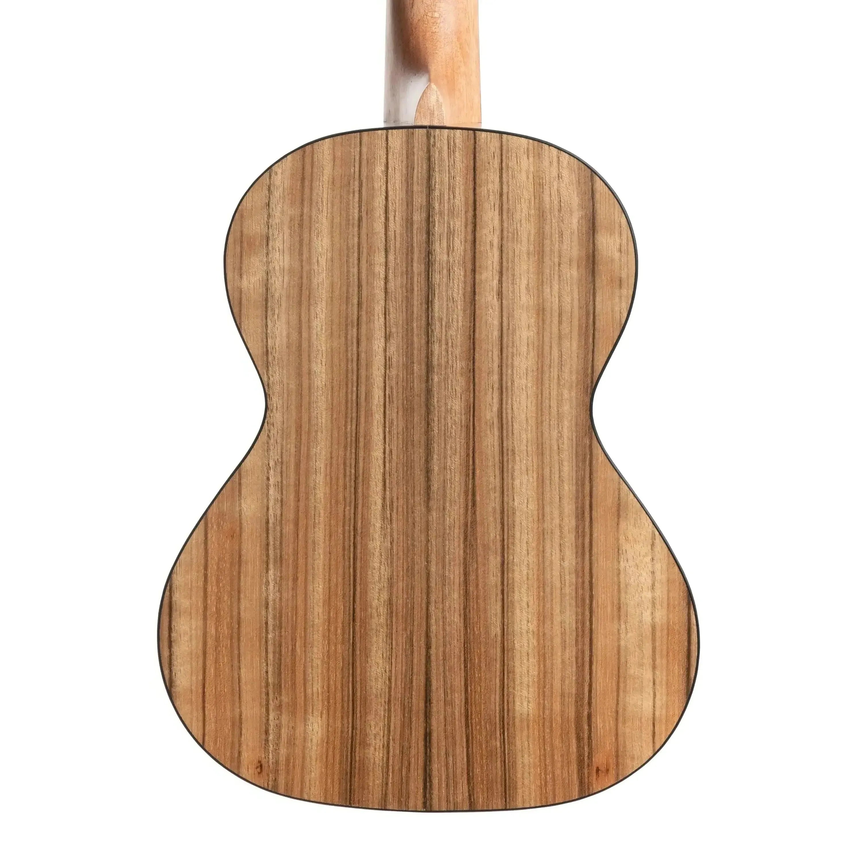 Kala Pacific Walnut left-handed tenor ukulele back with natural wood grain and black binding.