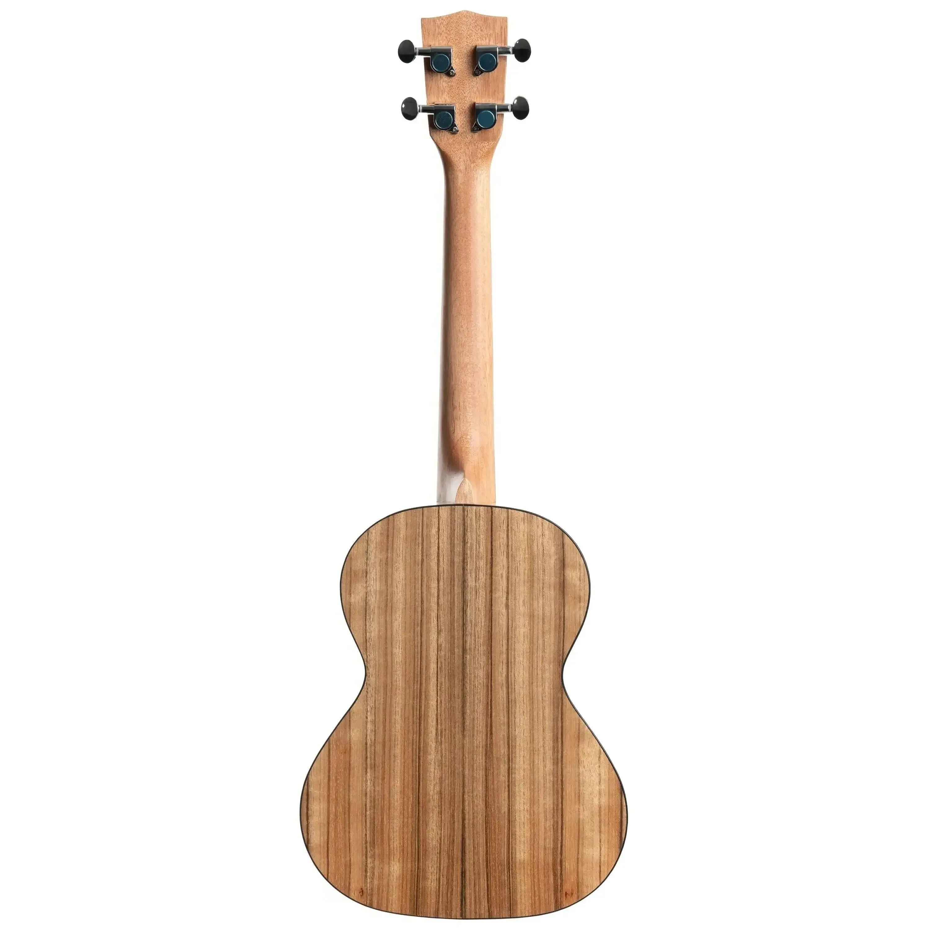 Kala Pacific Walnut left-handed tenor ukulele, back view, with satin finish and black binding.