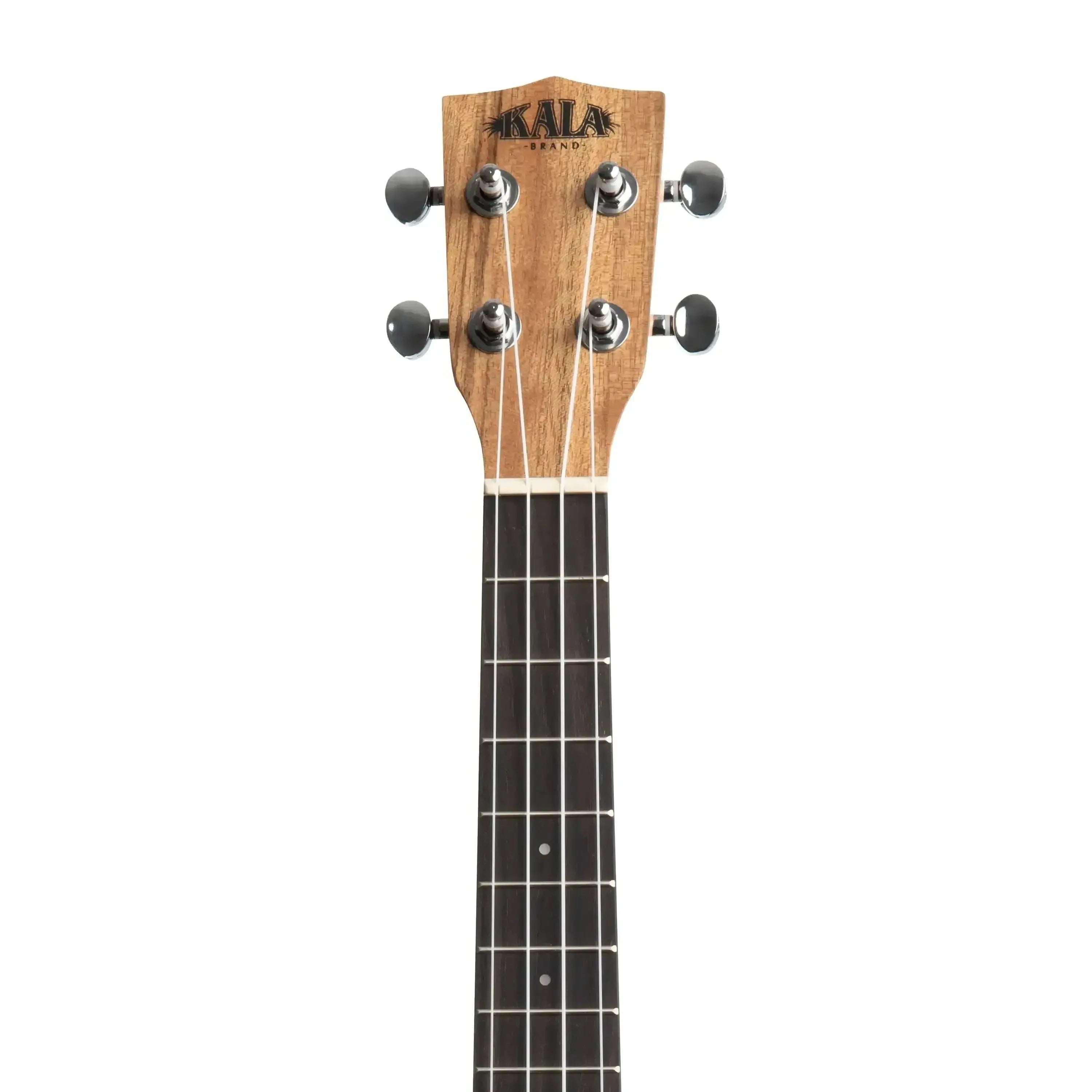 Kala Pacific Walnut tenor ukulele headstock with standard tuners and rosewood fingerboard.