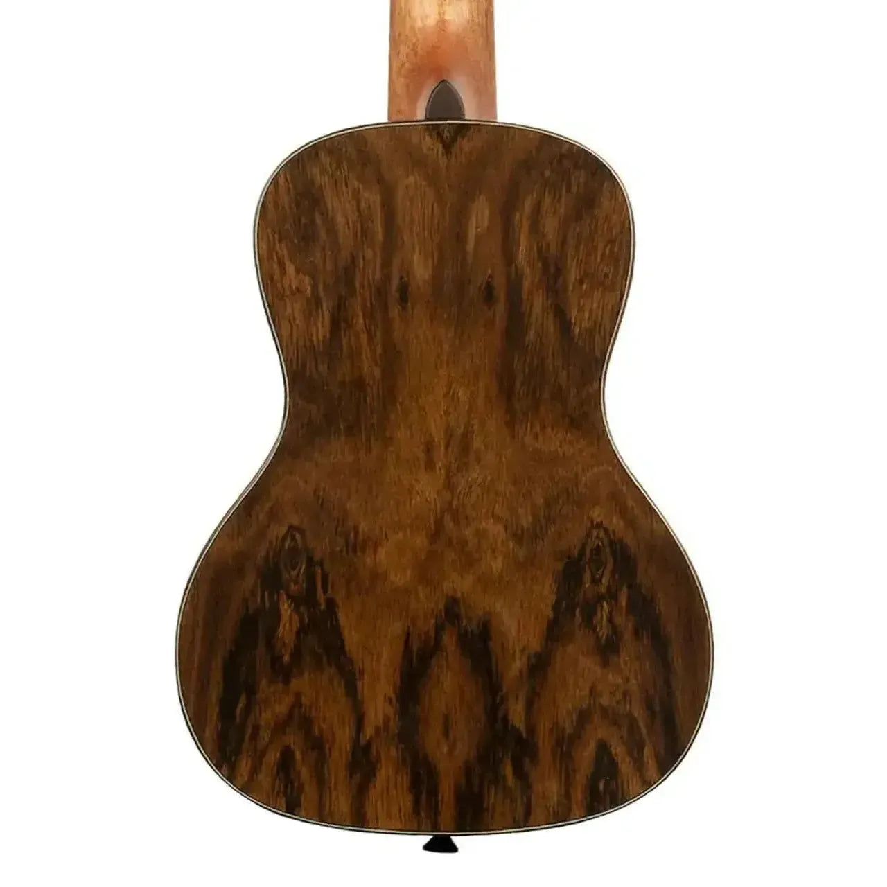 Back of Kala Premier Exotic Bocote Concert Ukulele with dark, glossy wood grain and black strap button.