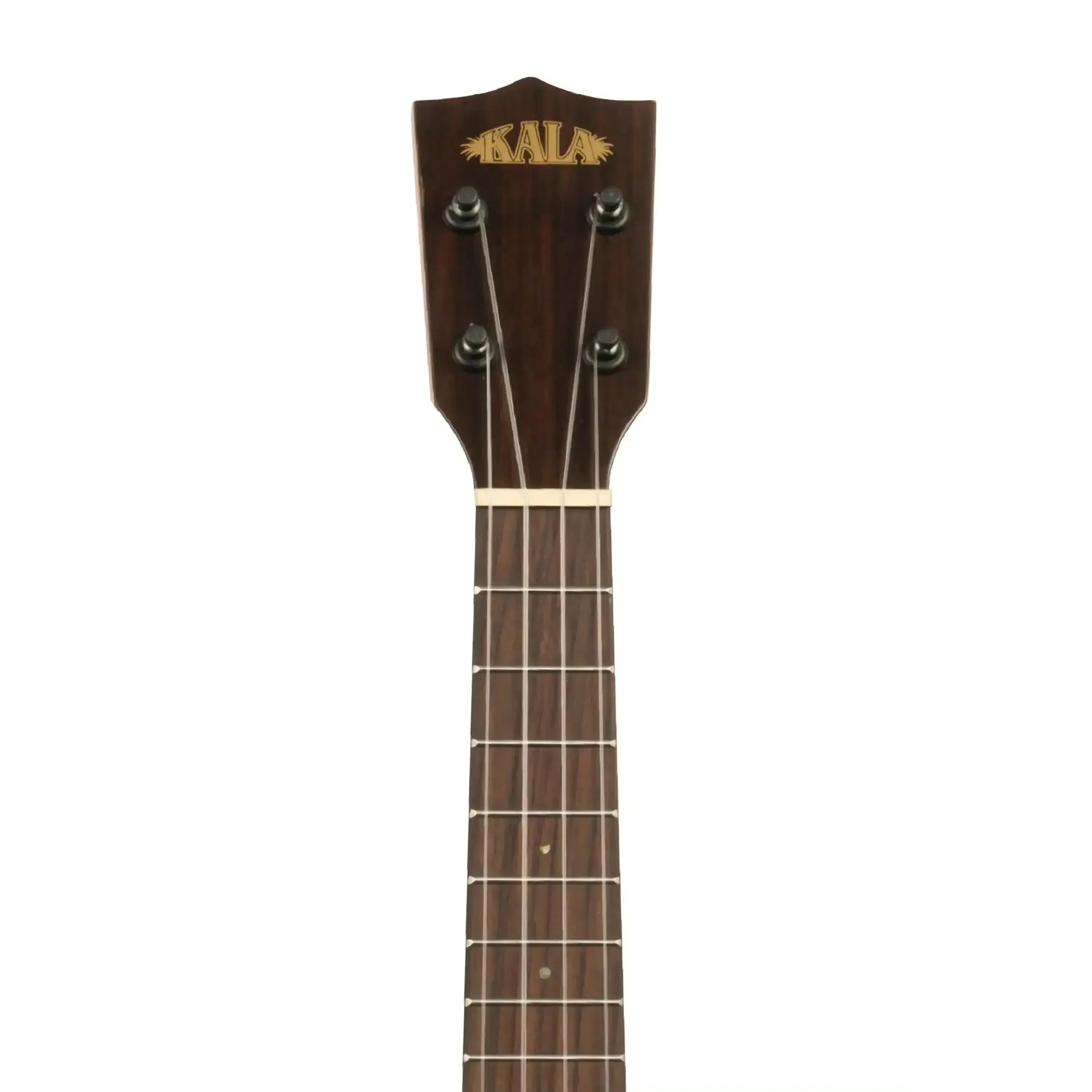 Kala Premier Exotic Macawood Concert Ukulele headstock with gold logo, dark tuners, and rosewood fingerboard.
